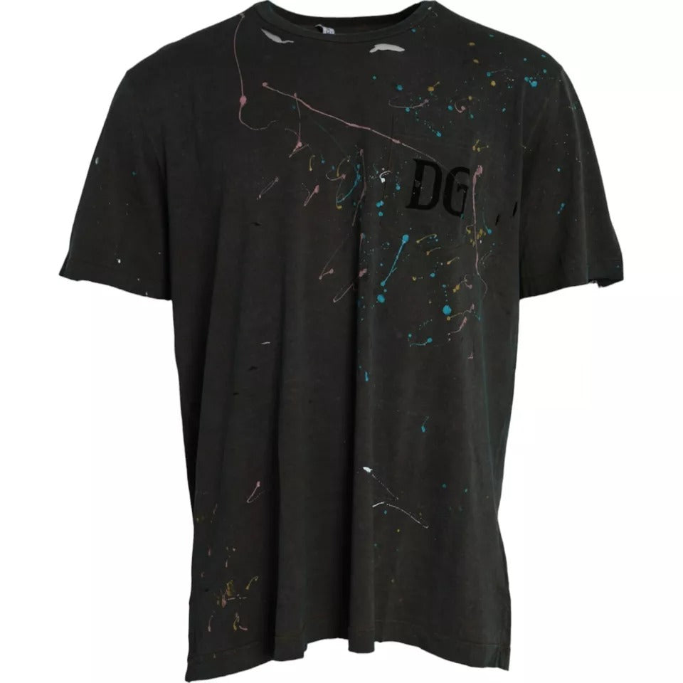 T-shirt ras du cou en coton gris à imprimé éclaboussures