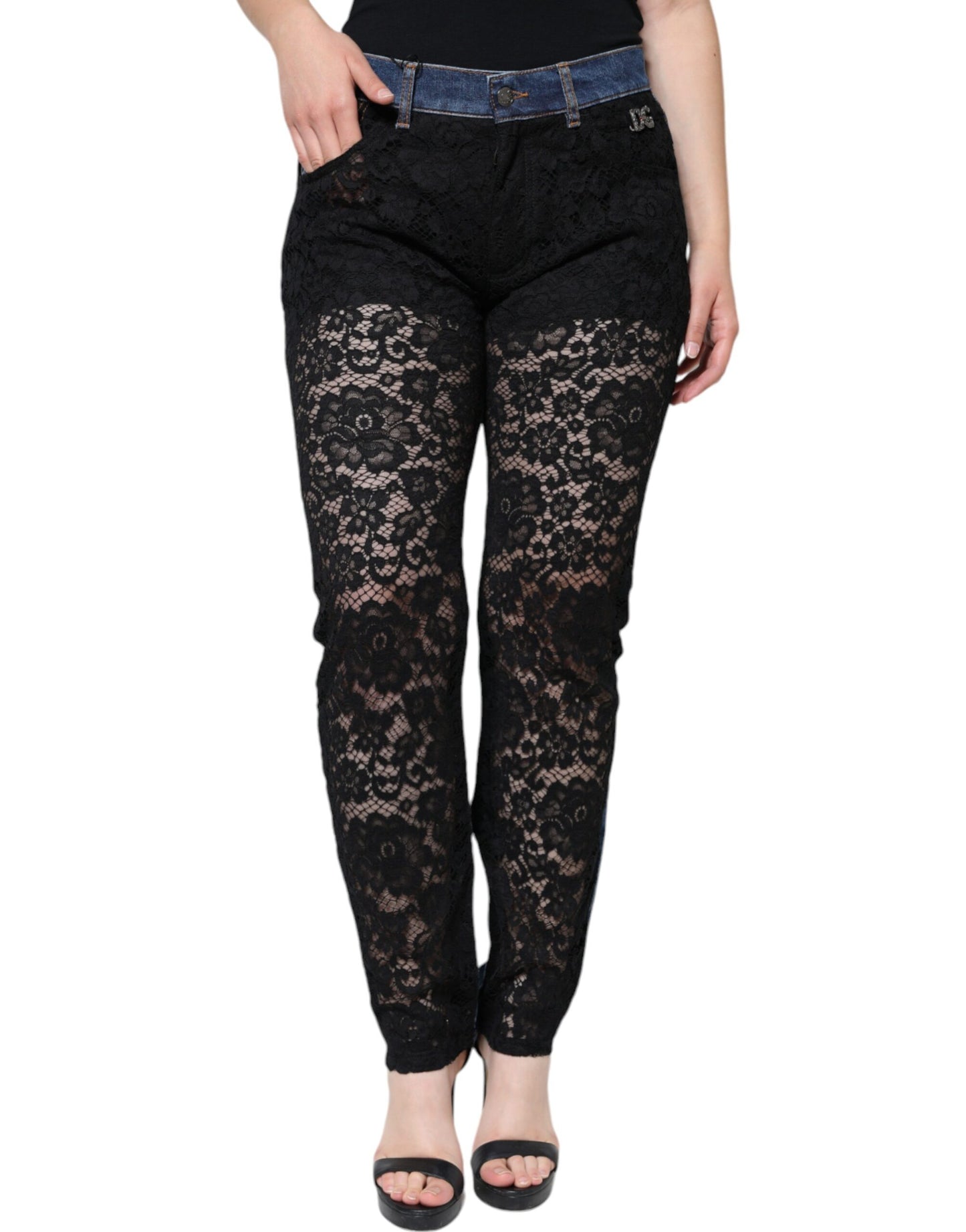 Jean skinny noir à dentelle florale sur le devant