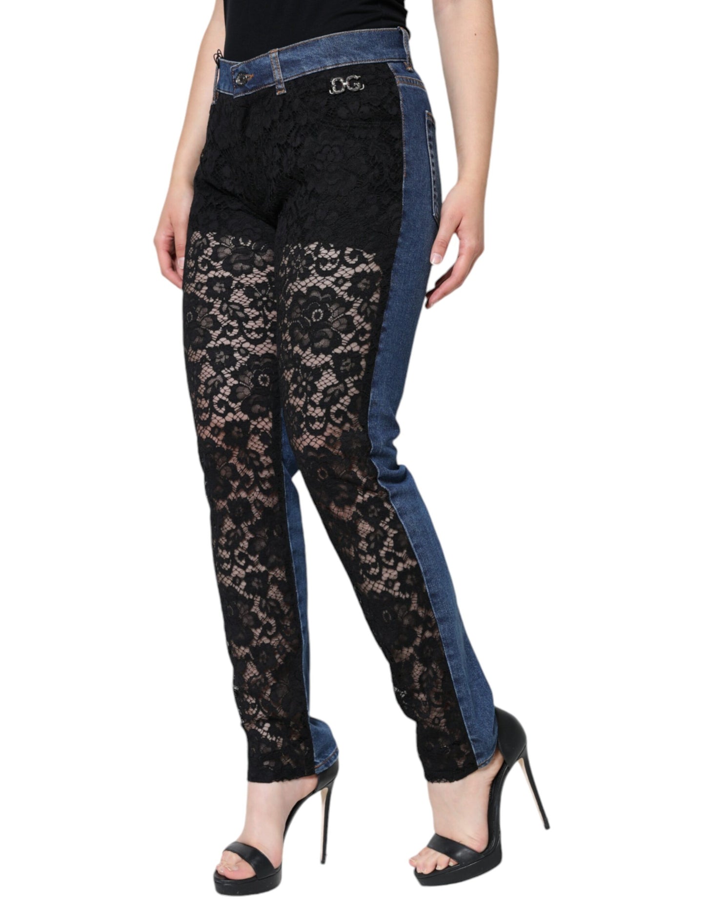 Jean skinny noir à dentelle florale sur le devant