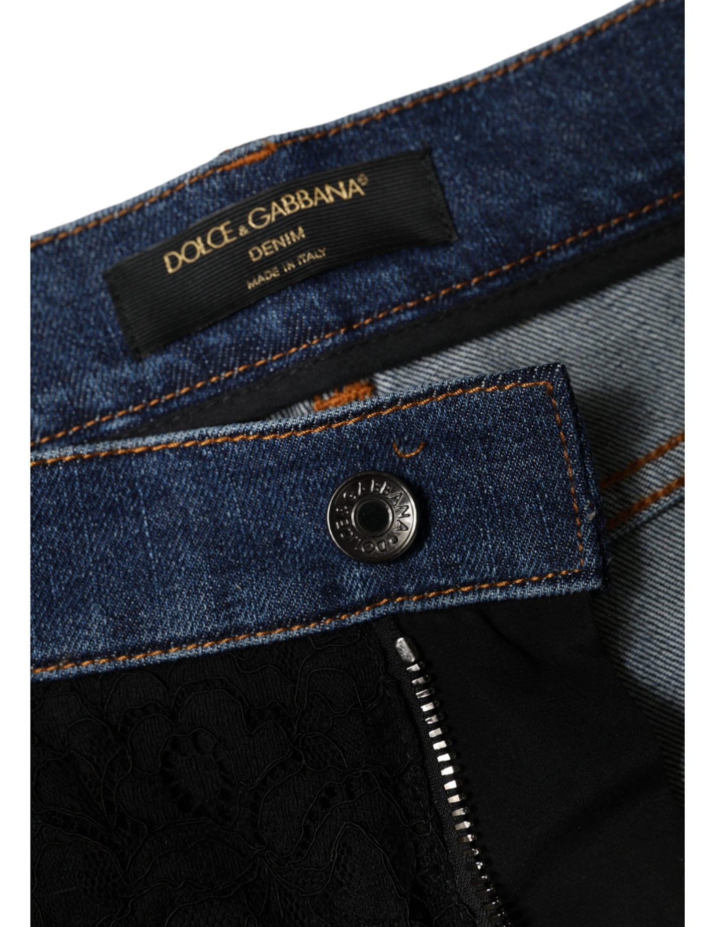 Jean skinny noir à dentelle florale sur le devant