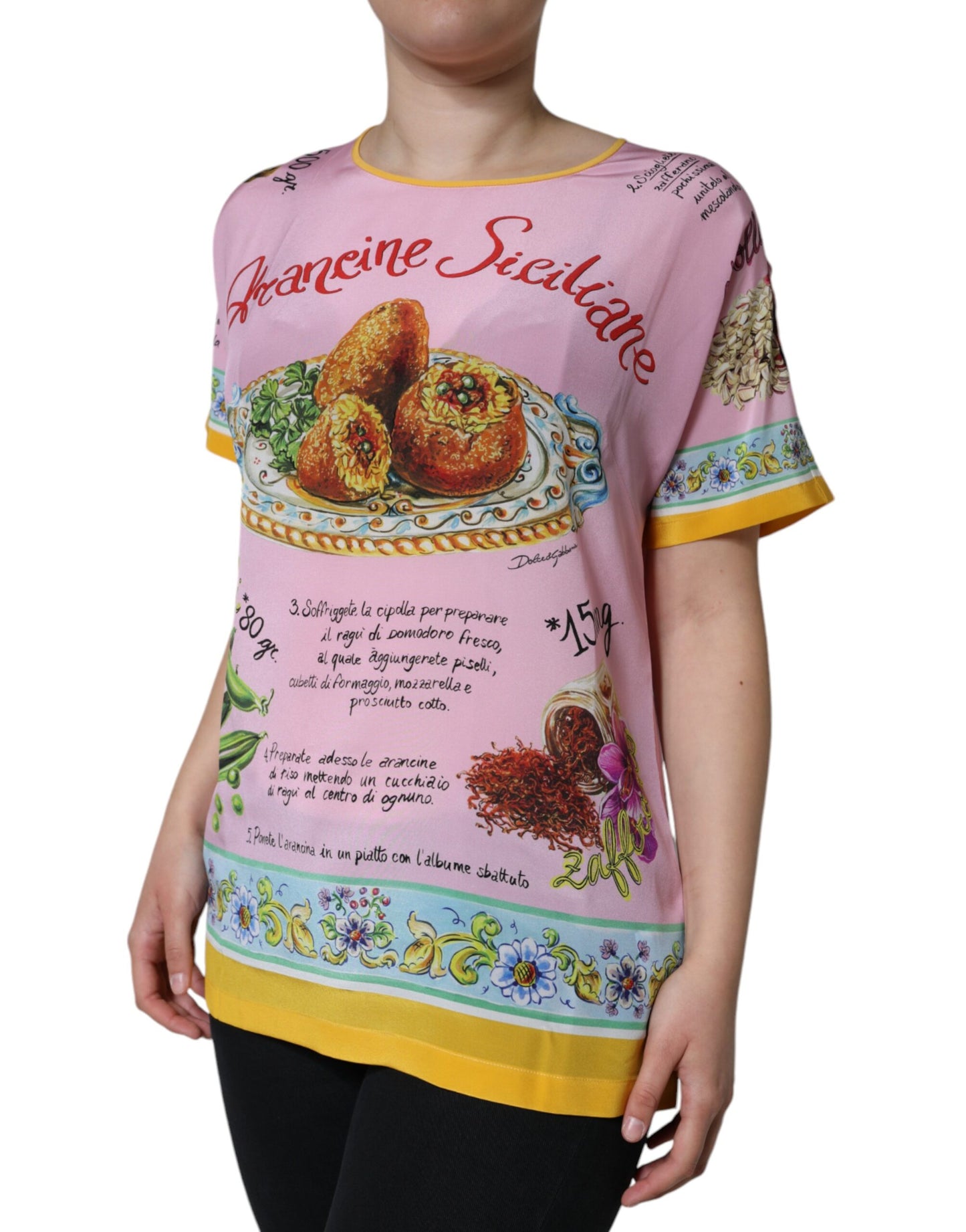 Top de manga corta con estampado Araneine Siciliana de seda rosa