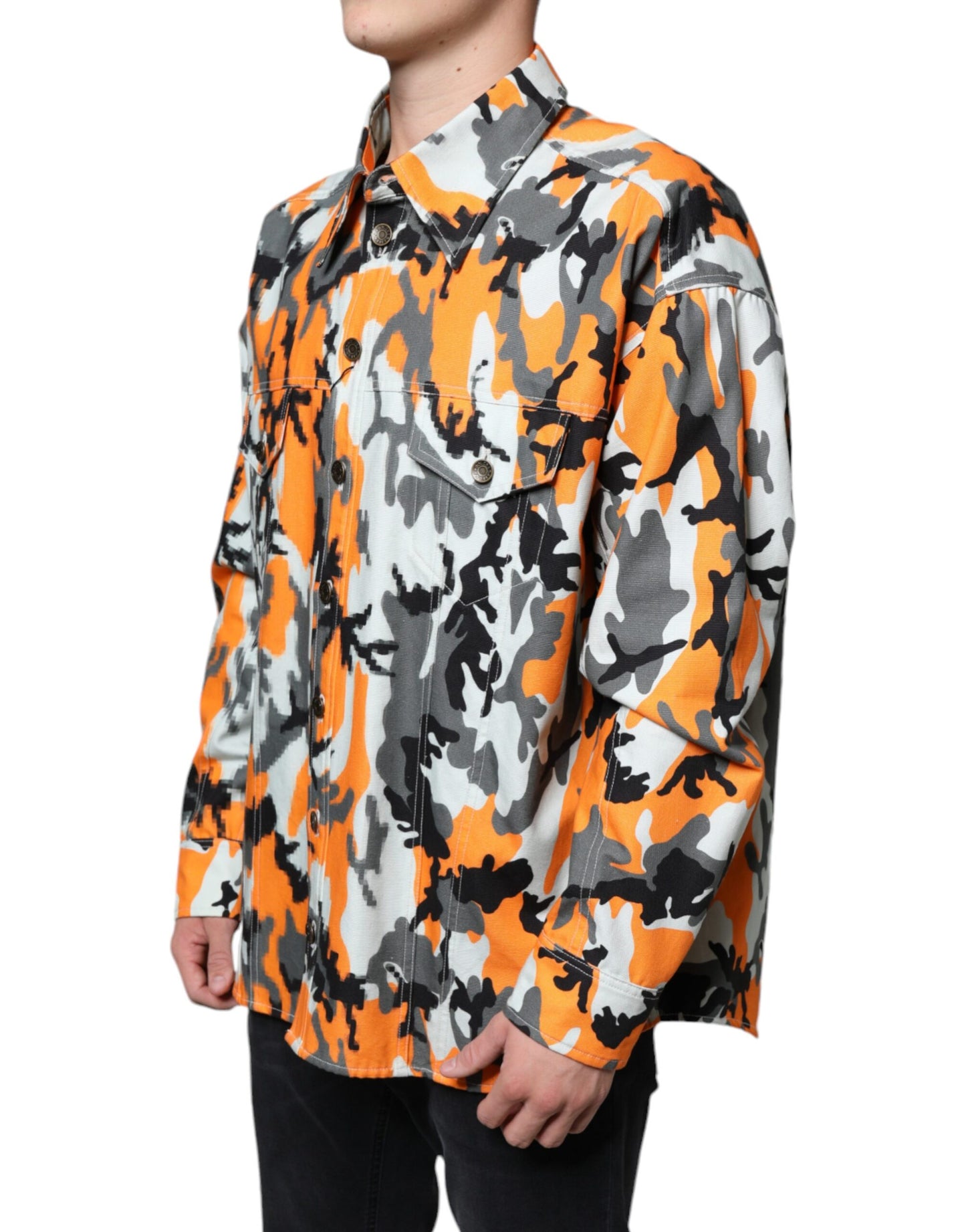 Veste à col en denim de coton camouflage multicolore