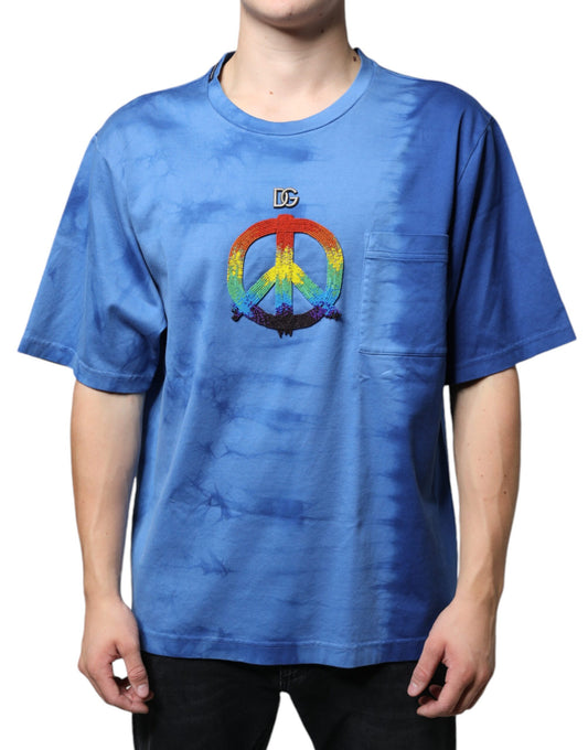 Camiseta de algodón azul tie-dye con el símbolo de la paz