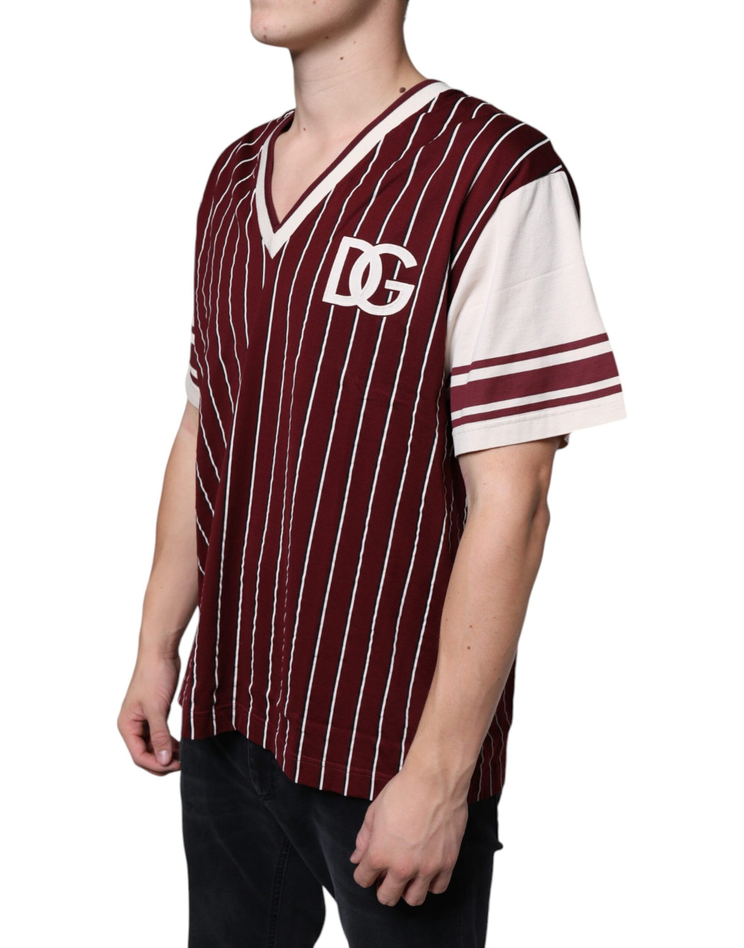 T-shirt col V en coton à rayures marron avec logo