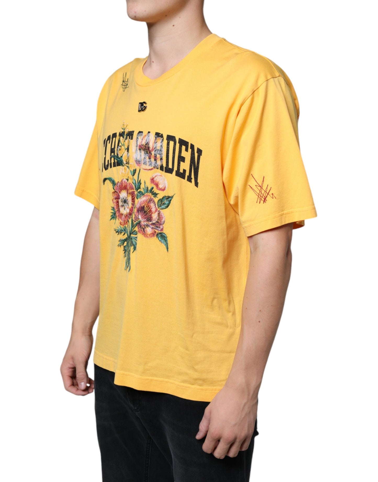 T-shirt ras du cou en coton à fleurs jaunes Secret Graden