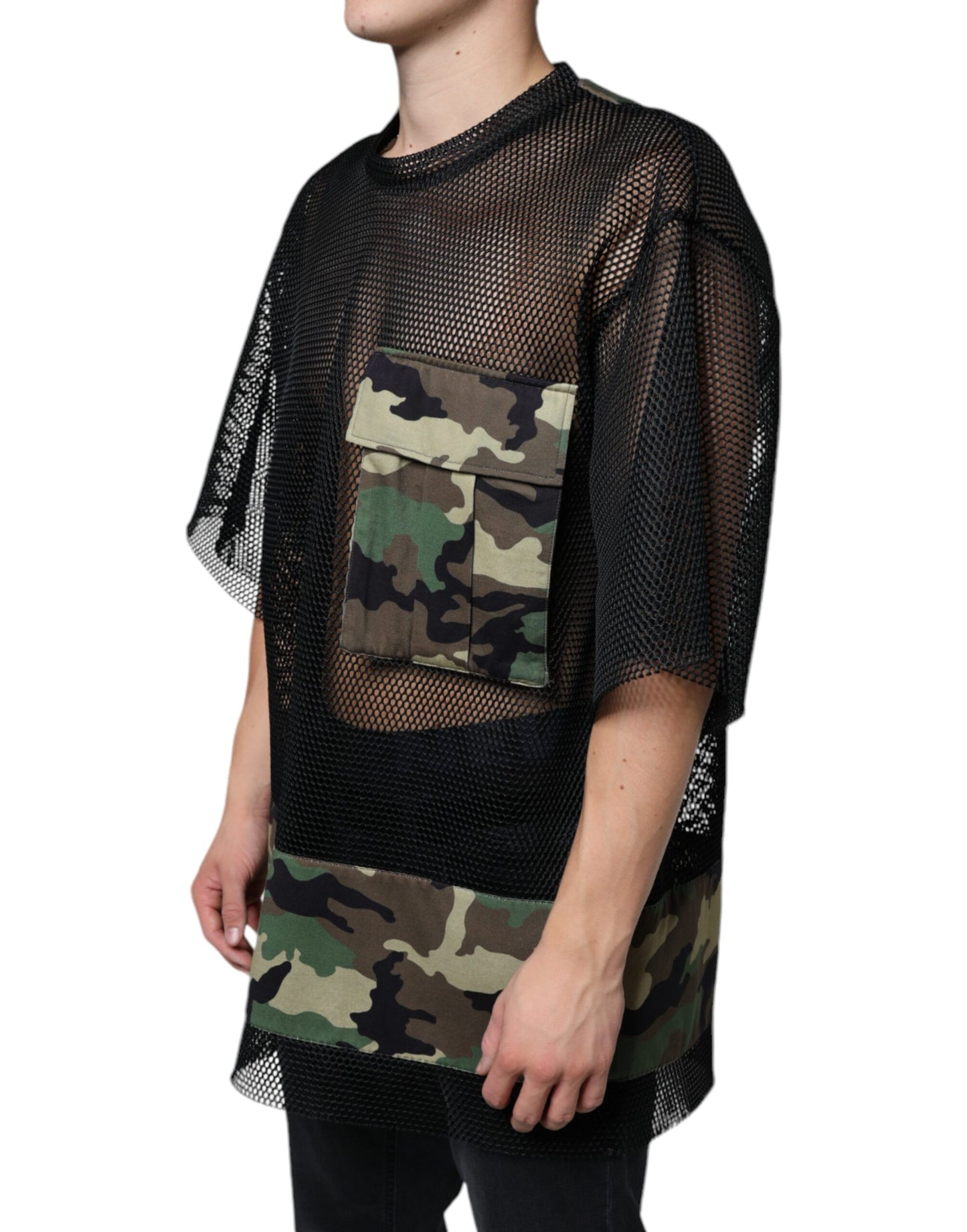 T-shirt camouflage à manches courtes en maille noire