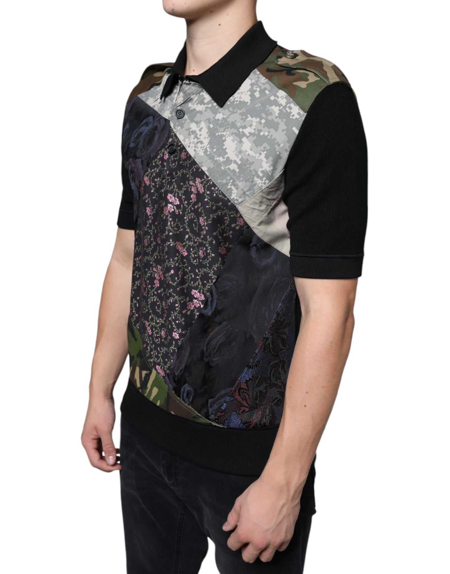 Polo en soie patchwork camouflage multicolore