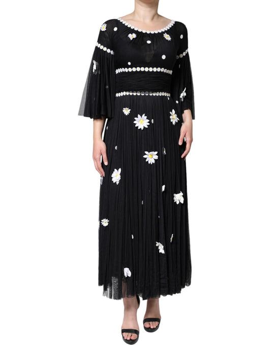 Robe longue trapèze en soie noire à imprimé marguerites