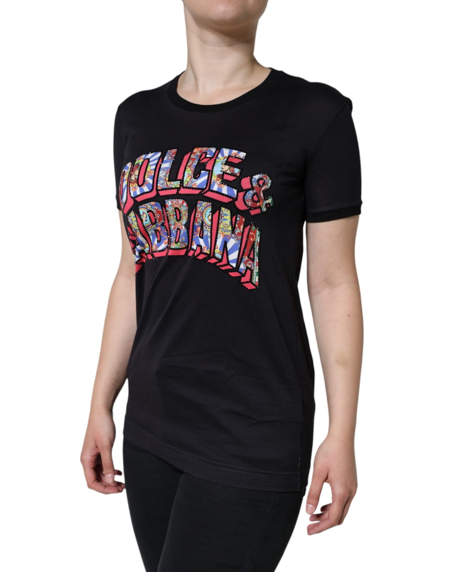 Camiseta de algodón negra con cuello redondo y estampado de logotipo