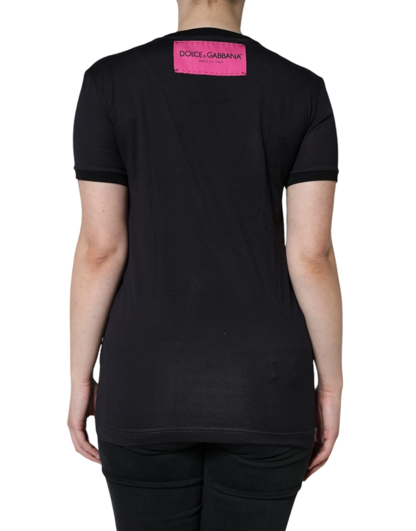 Camiseta de algodón negra con cuello redondo y estampado de logotipo