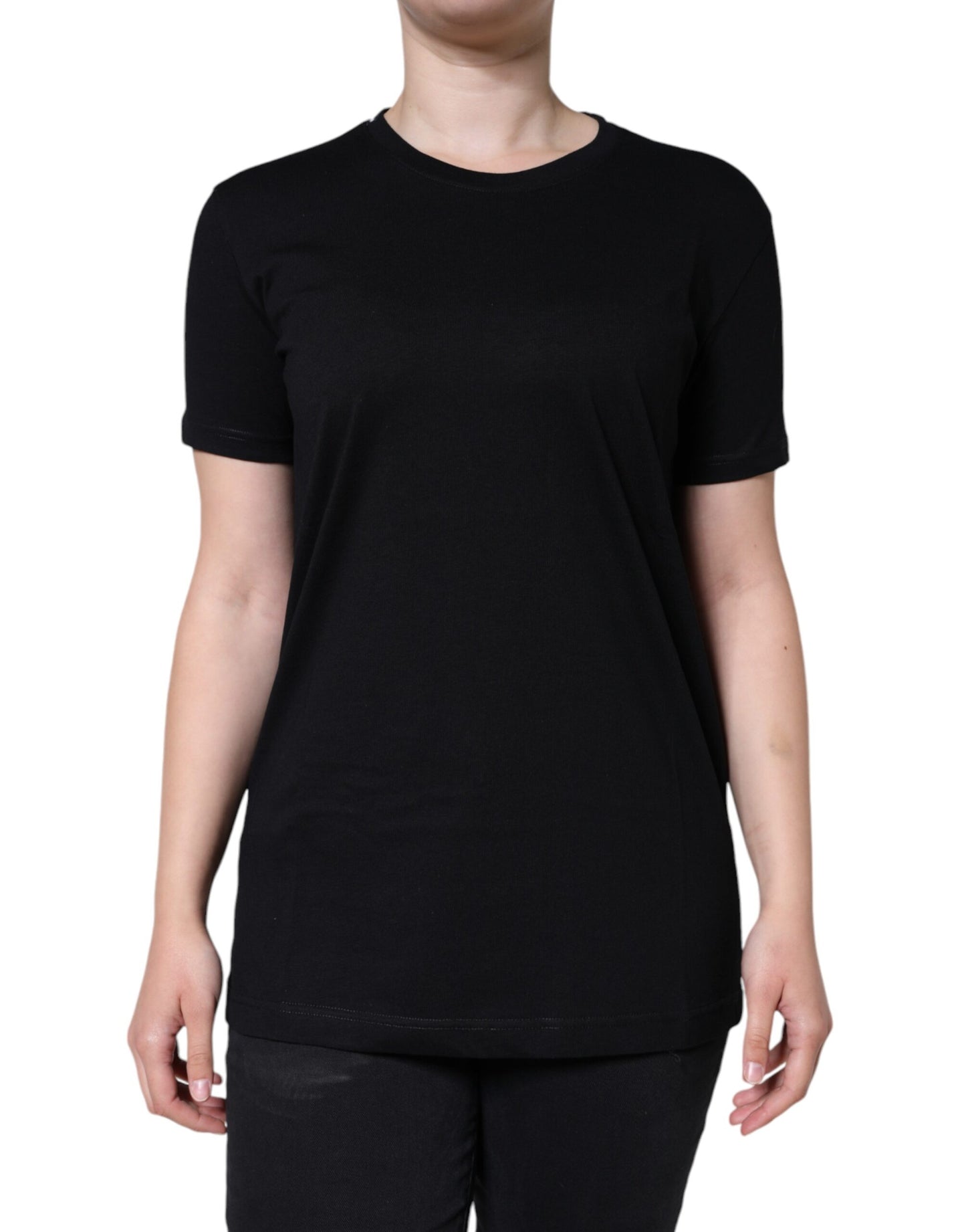 Camiseta negra de algodón con cuello redondo y manga corta