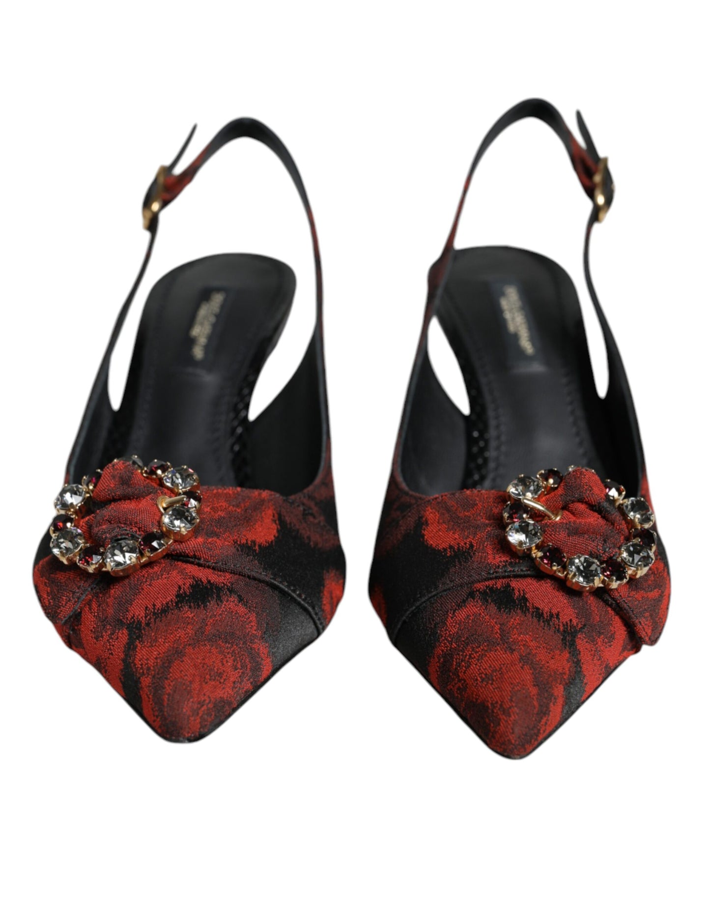 Zapatos de tira trasera con tacón de cristal y flores en negro y rojo