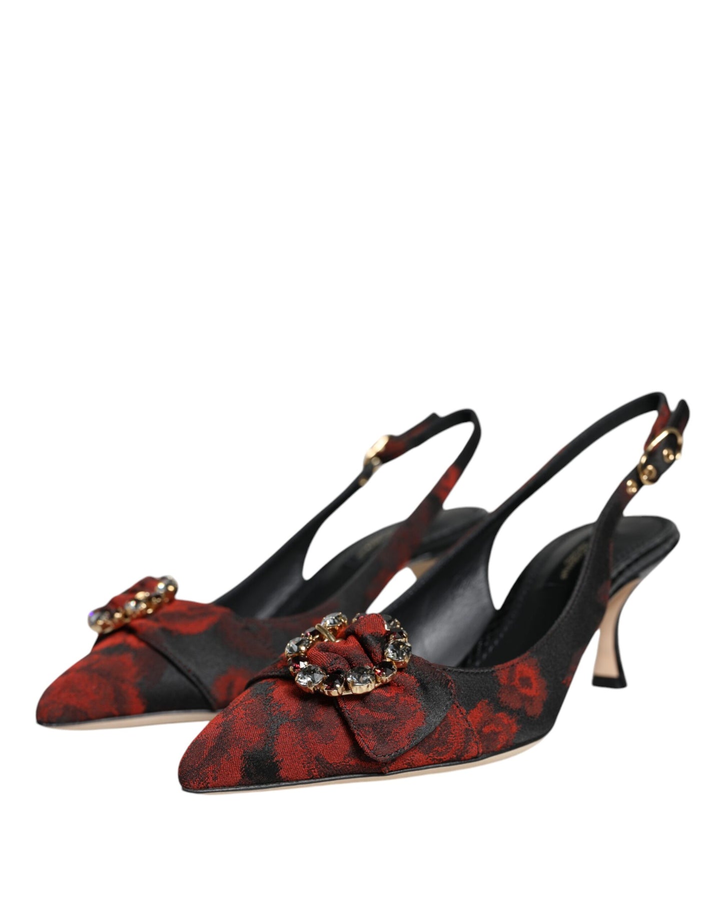 Zapatos de tira trasera con tacón de cristal y flores en negro y rojo