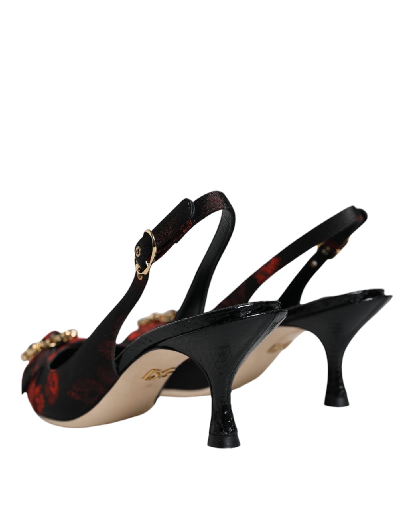 Zapatos de tira trasera con tacón de cristal y flores en negro y rojo