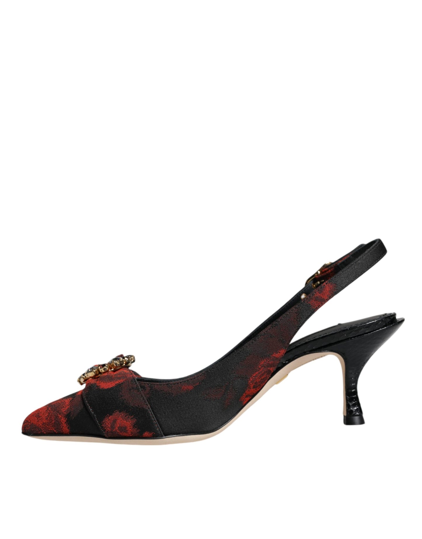 Zapatos de tira trasera con tacón de cristal y flores en negro y rojo