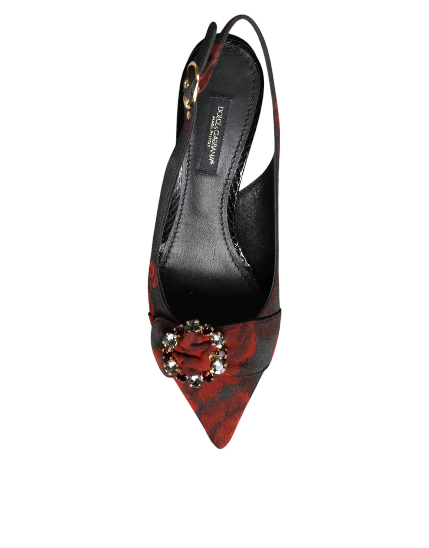 Zapatos de tira trasera con tacón de cristal y flores en negro y rojo