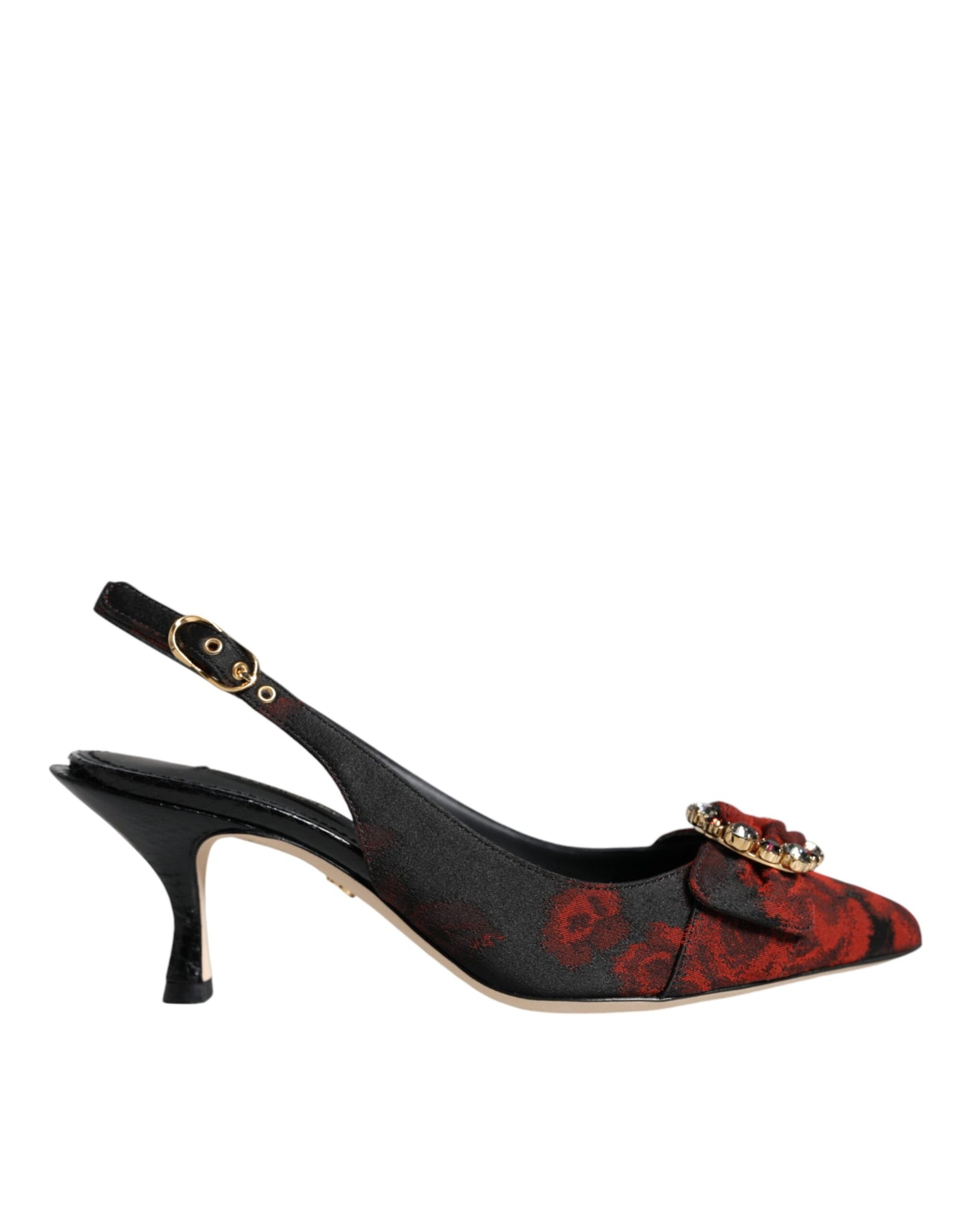 Zapatos de tira trasera con tacón de cristal y flores en negro y rojo