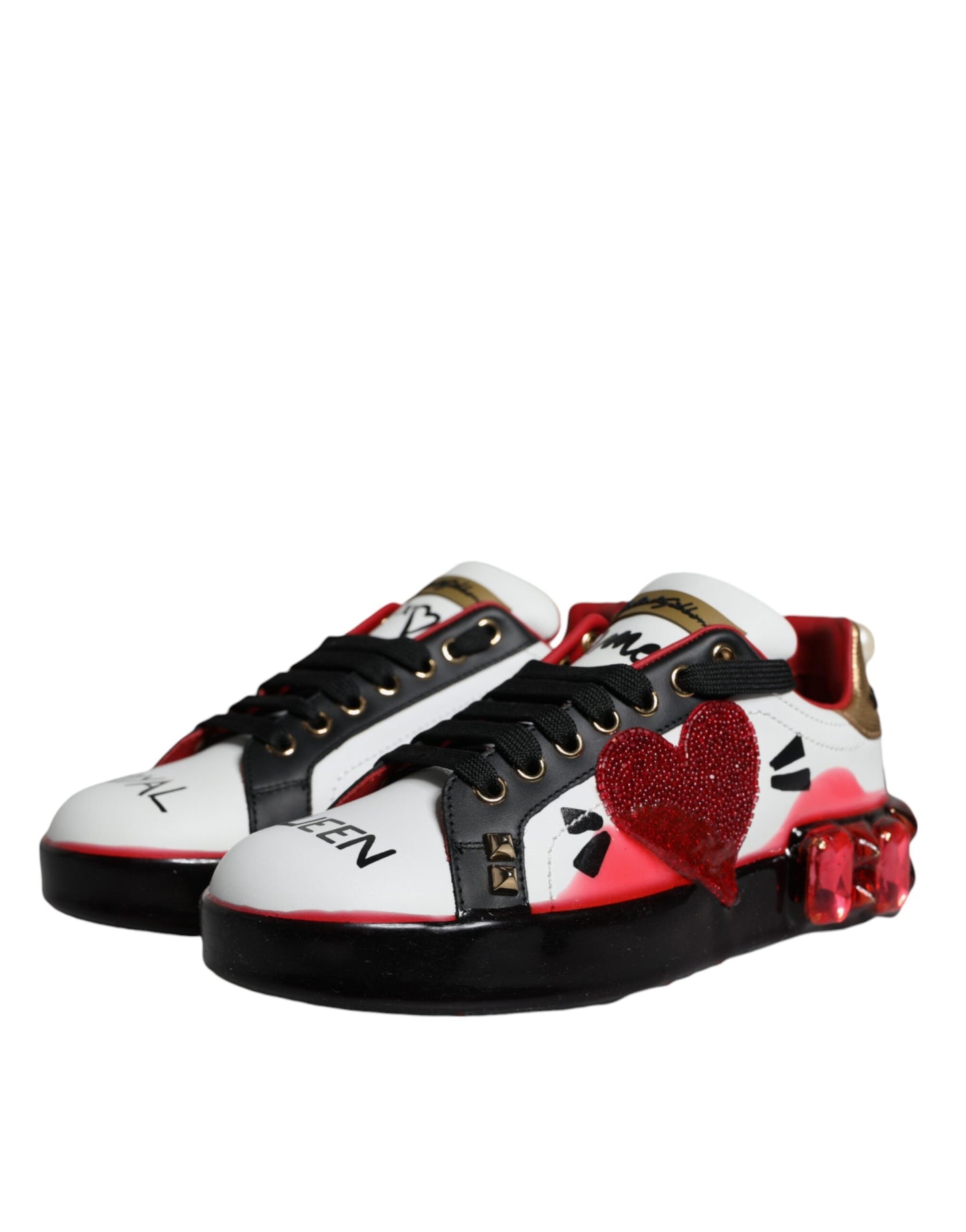 Zapatillas Portofino de piel con cristales blancos y rojos