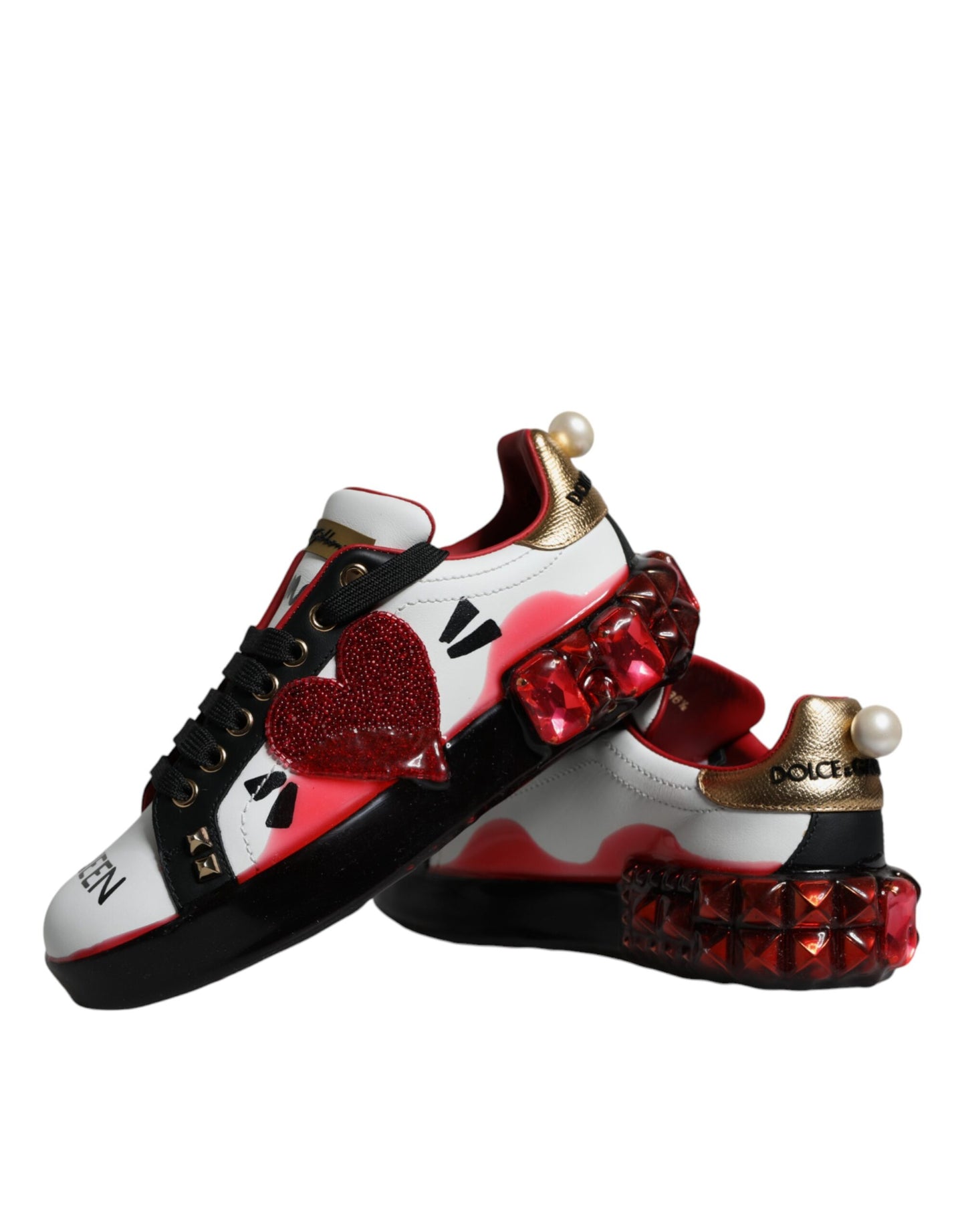 Zapatillas Portofino de piel con cristales blancos y rojos