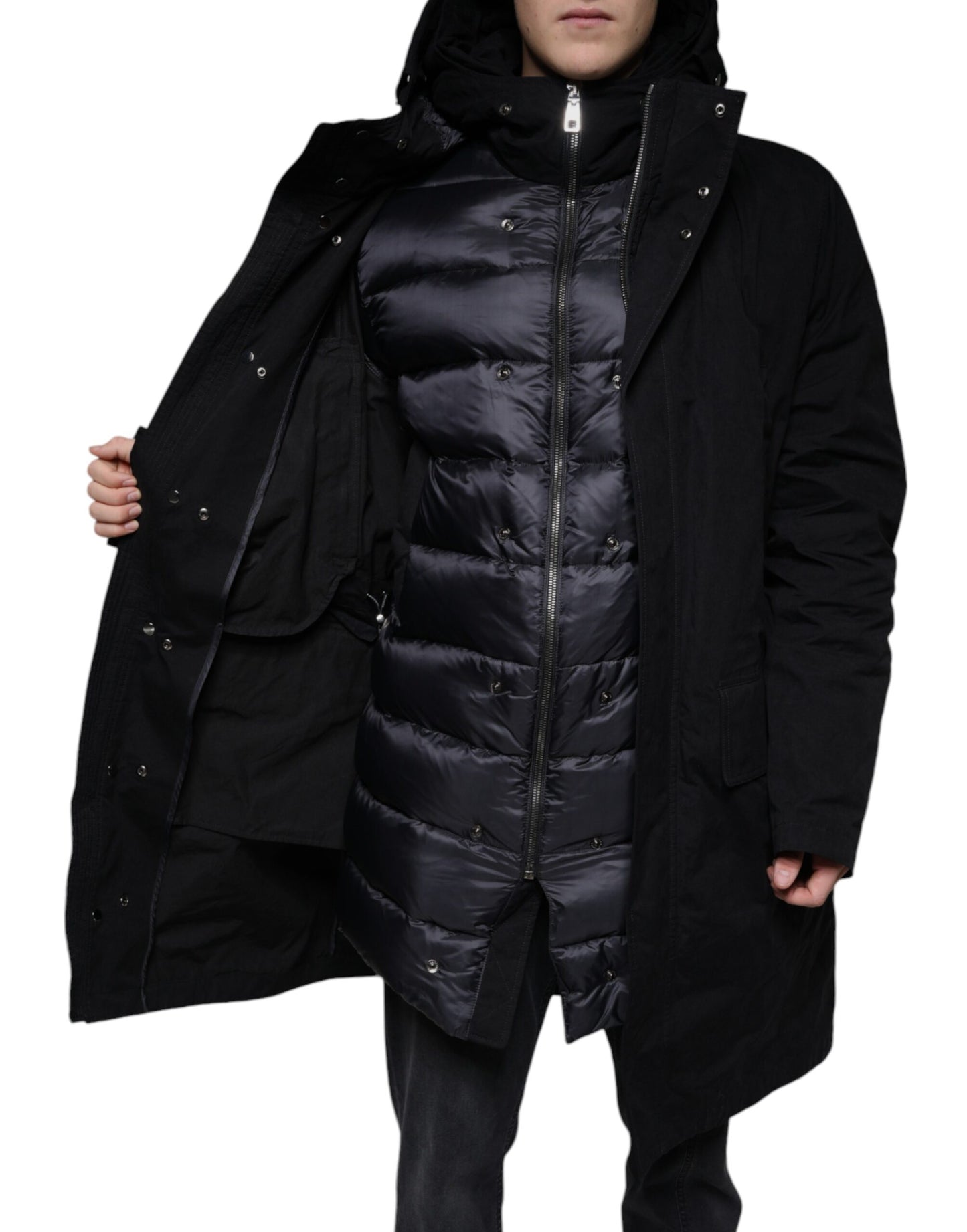 Parka noire à capuche en coton, trench-coat