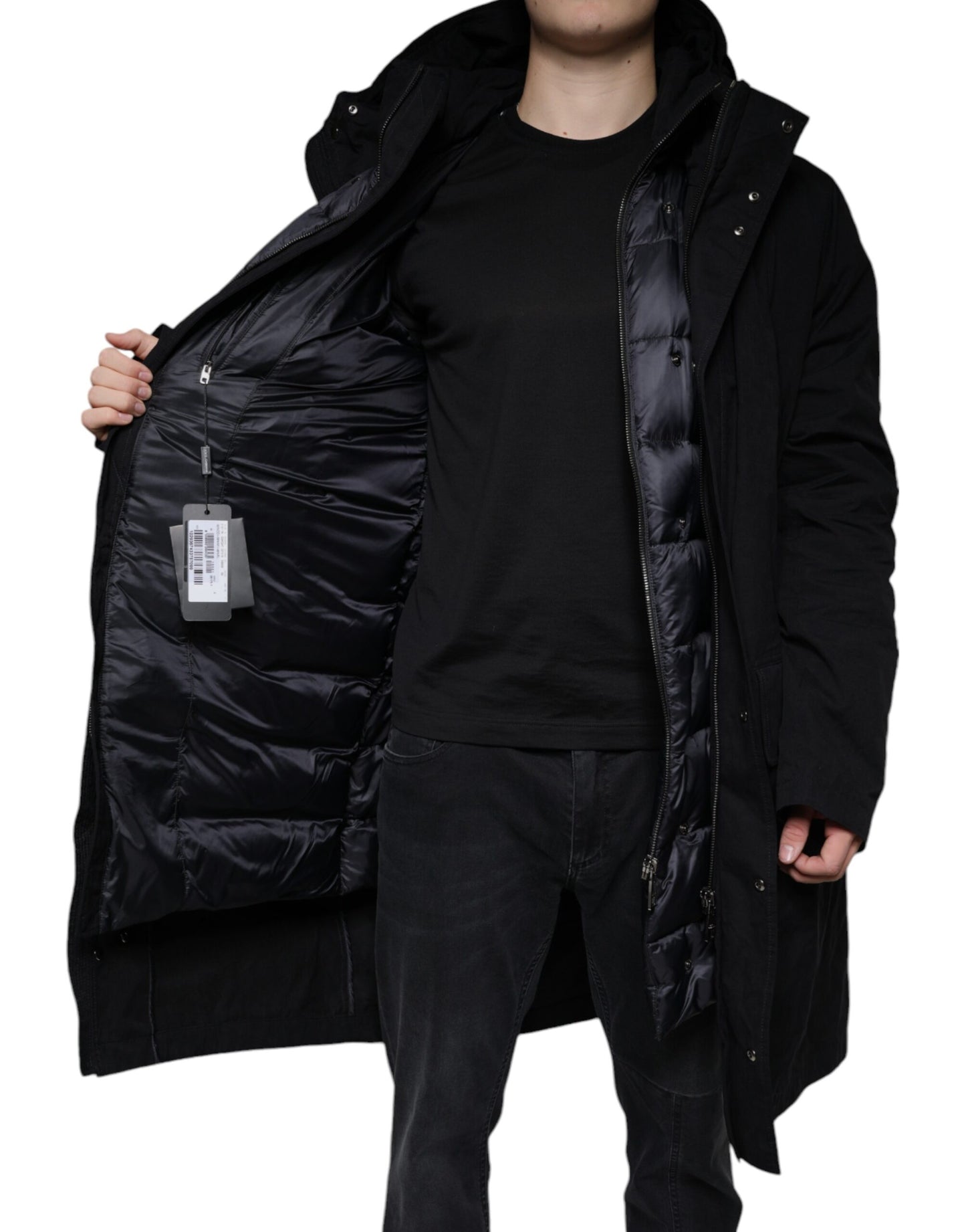 Parka noire à capuche en coton, trench-coat