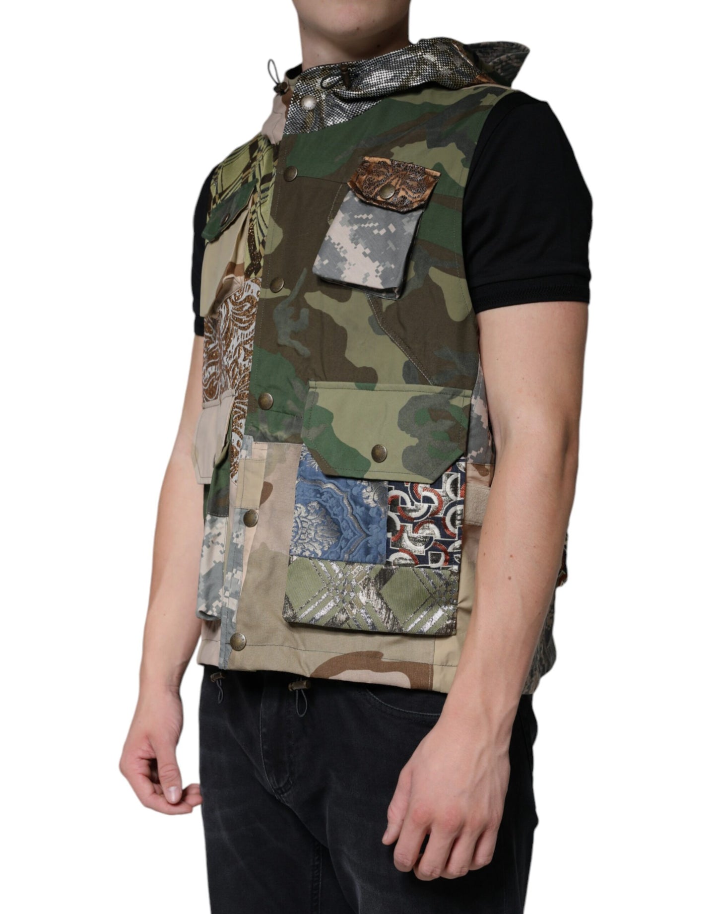 Veste sans manches à capuche patchwork multicolore