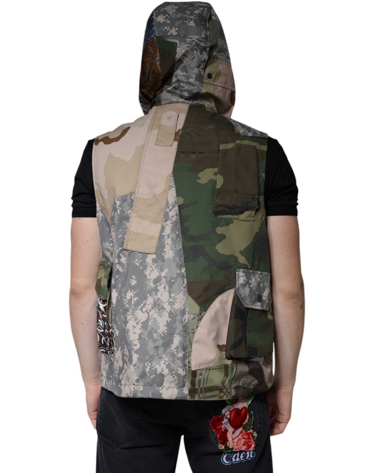 Veste sans manches à capuche patchwork multicolore