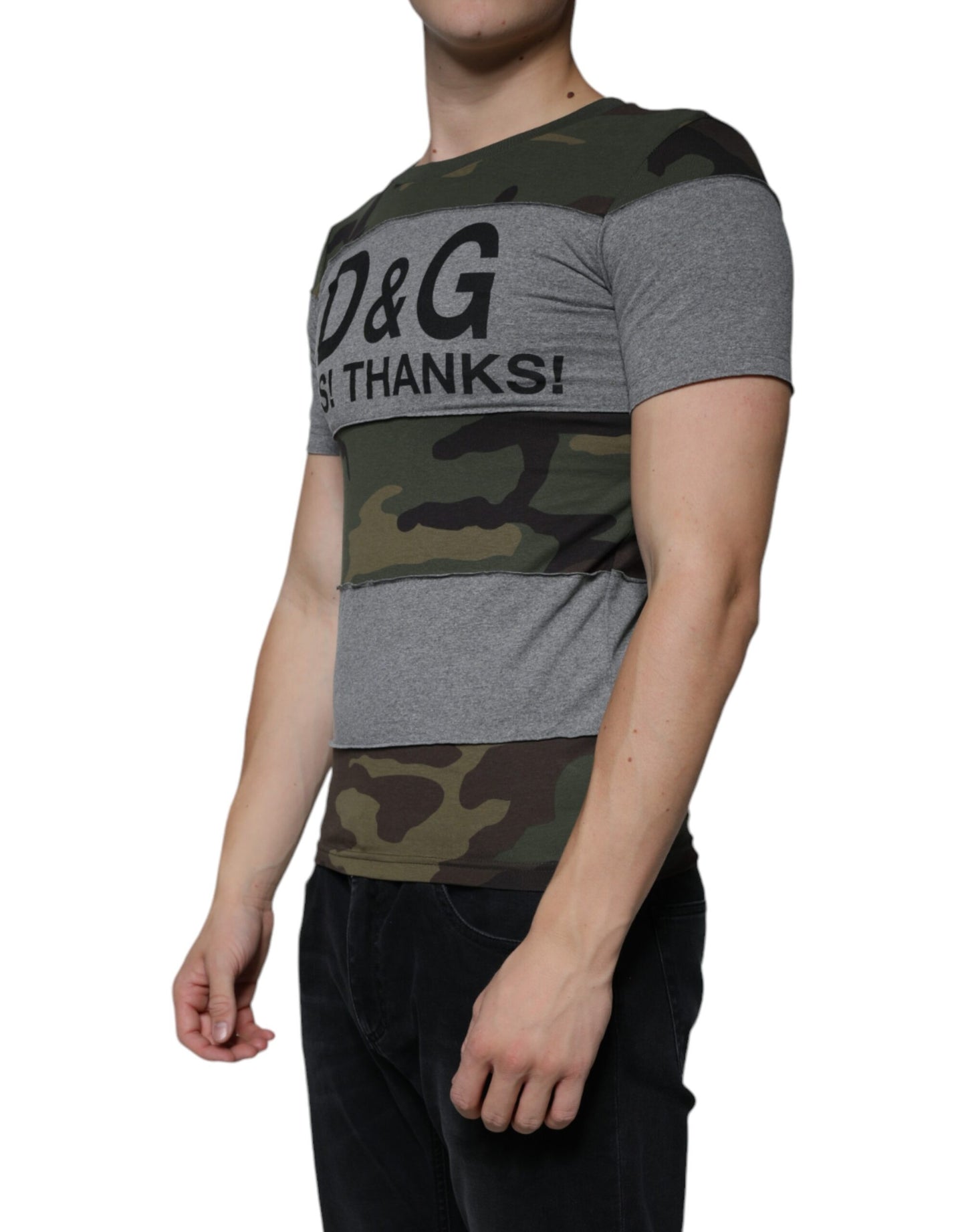 T-shirt col rond en coton camouflage multicolore