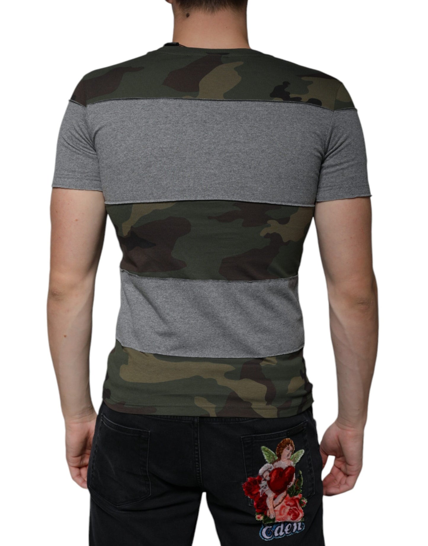 T-shirt col rond en coton camouflage multicolore