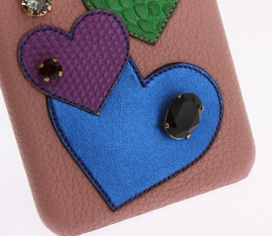 Funda para teléfono de cuero rosa con cristales y corazón