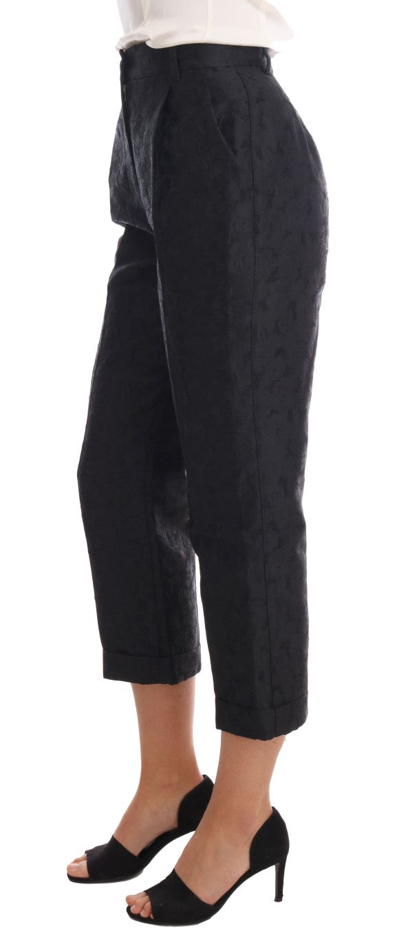 Pantalones capri con brocado floral negro