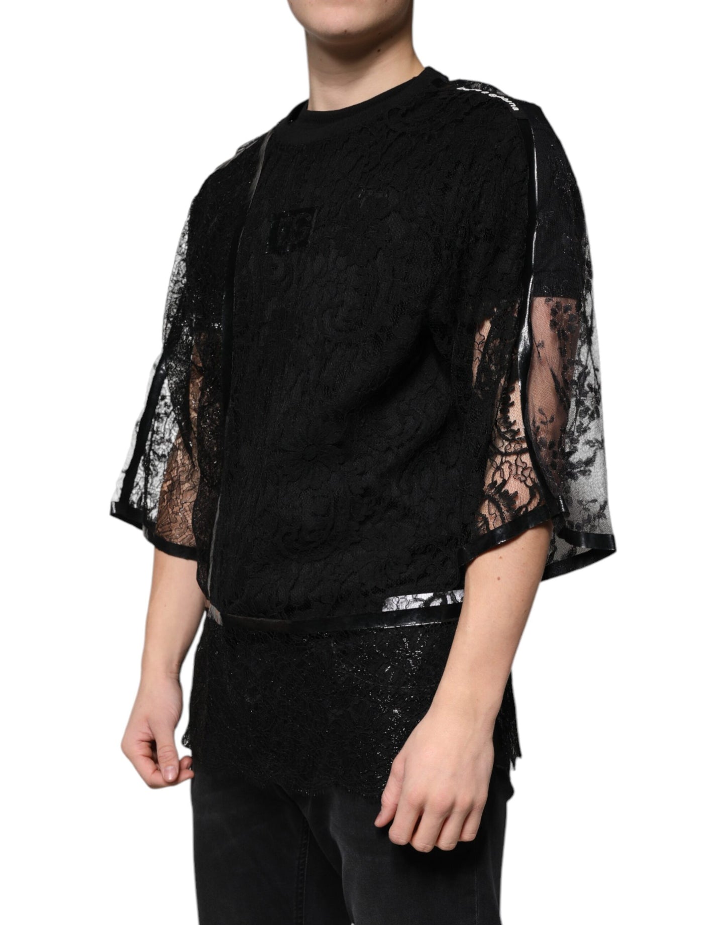 T-shirt ras du cou en nylon noir à fleurs et dentelle