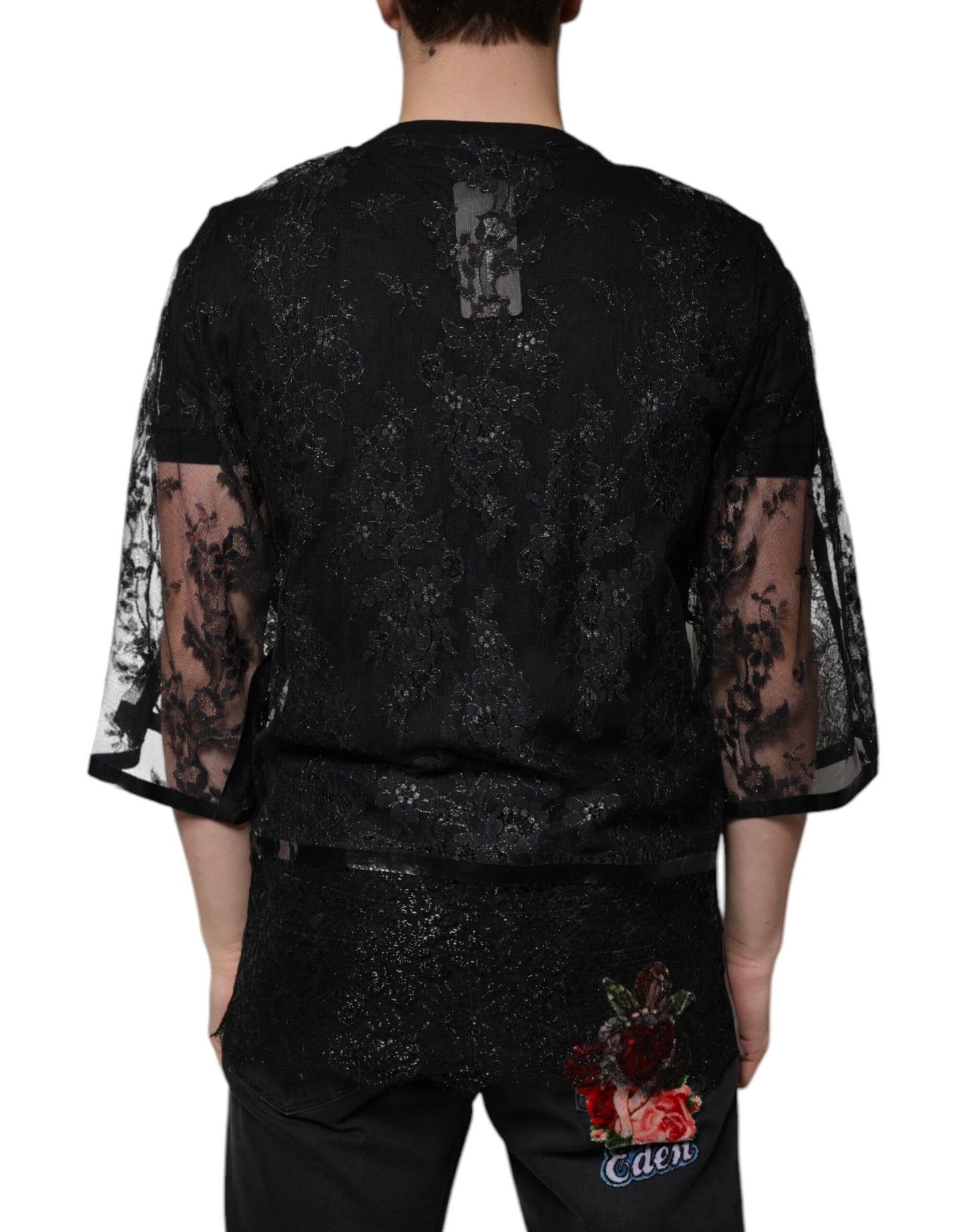 T-shirt ras du cou en nylon noir à fleurs et dentelle