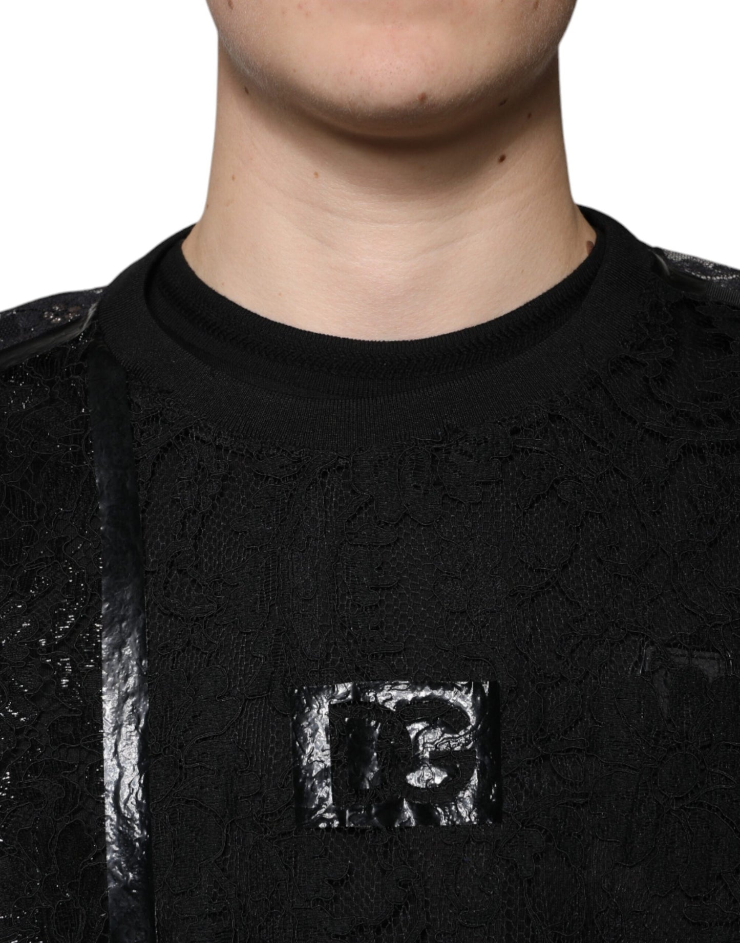 T-shirt ras du cou en nylon noir à fleurs et dentelle