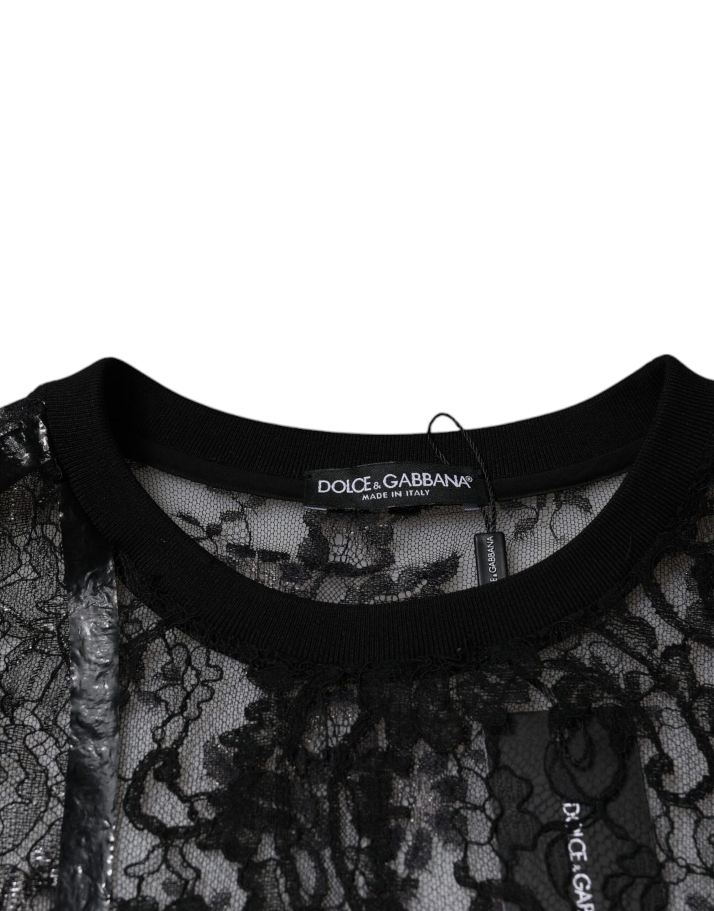 T-shirt ras du cou en nylon noir à fleurs et dentelle