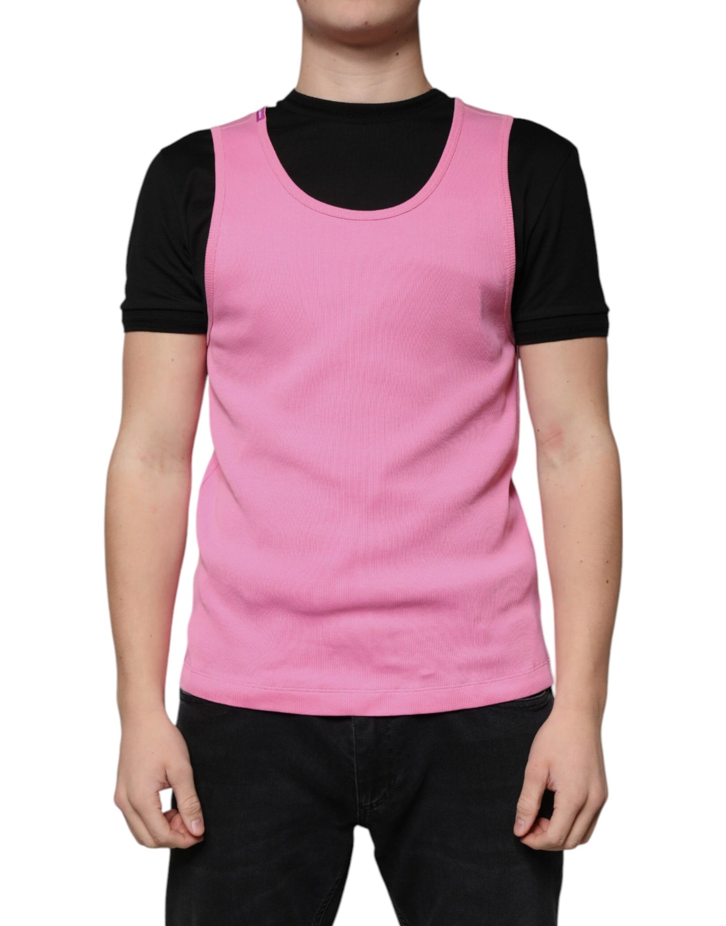 T-shirt sans manches à col rond en coton rose