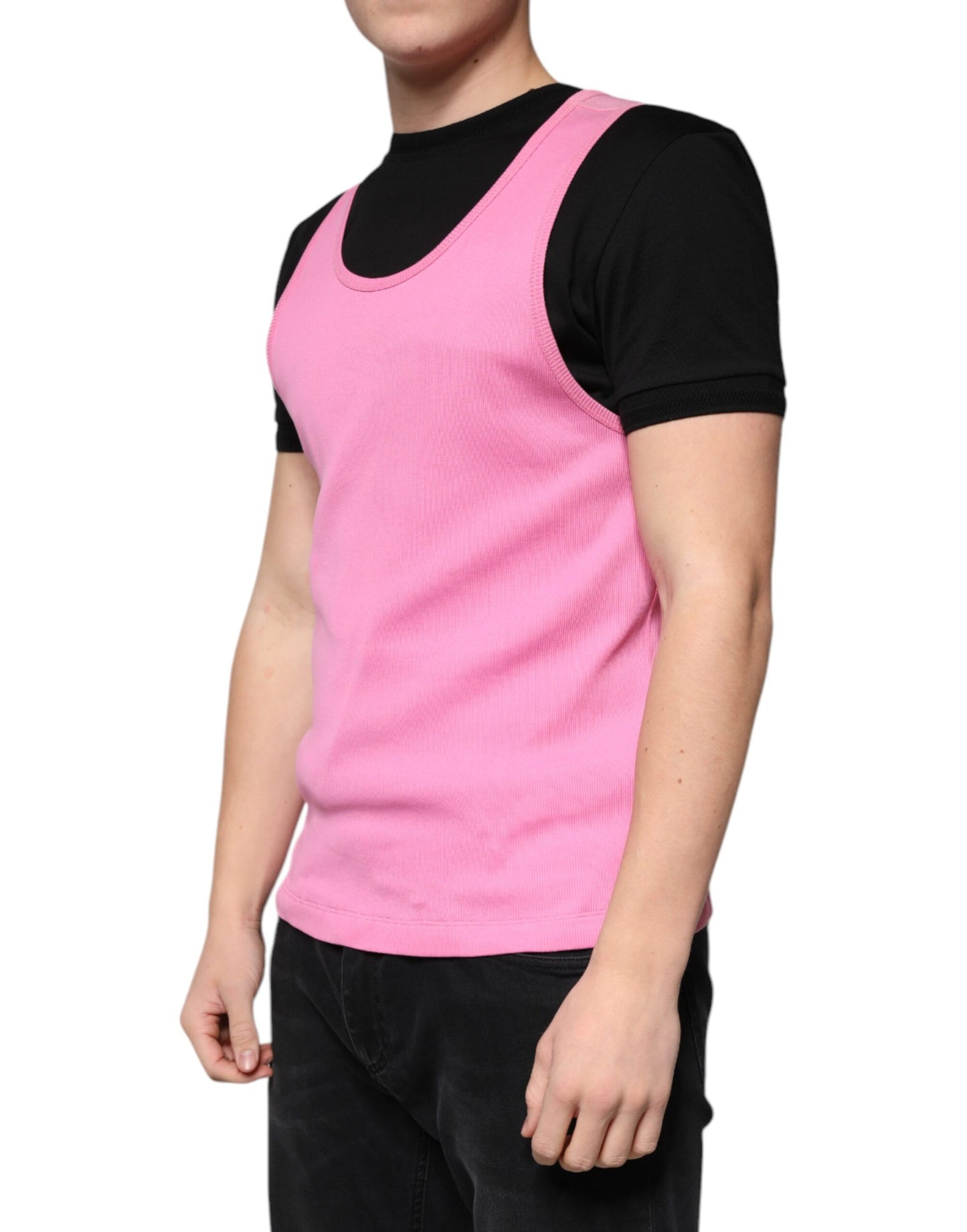 T-shirt sans manches à col rond en coton rose