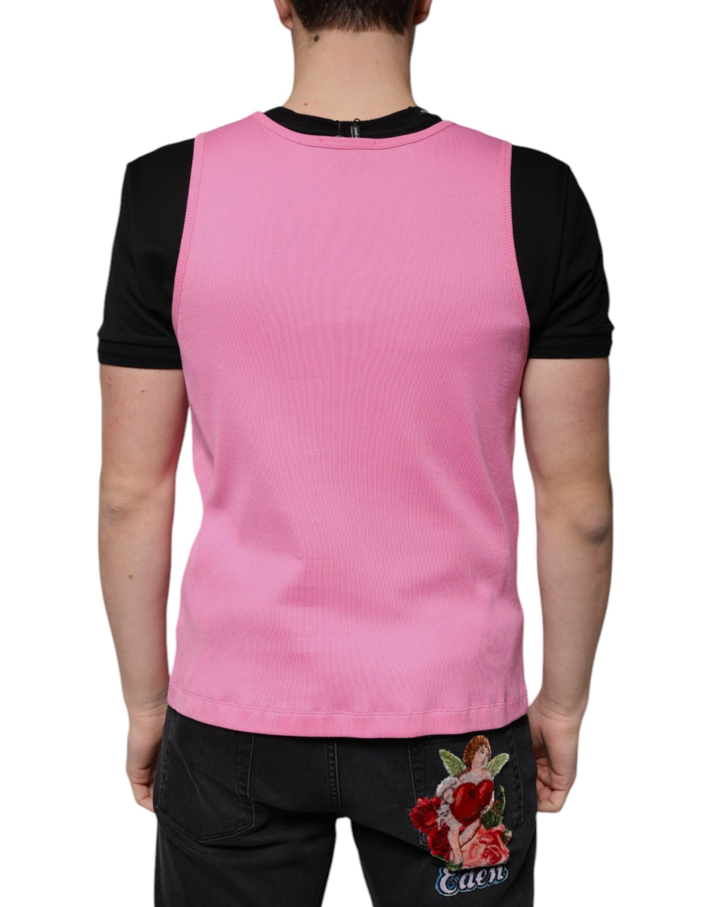 T-shirt sans manches à col rond en coton rose