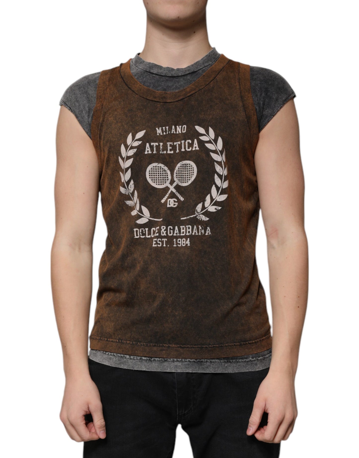 T-shirt sans manches à col rond en coton marron