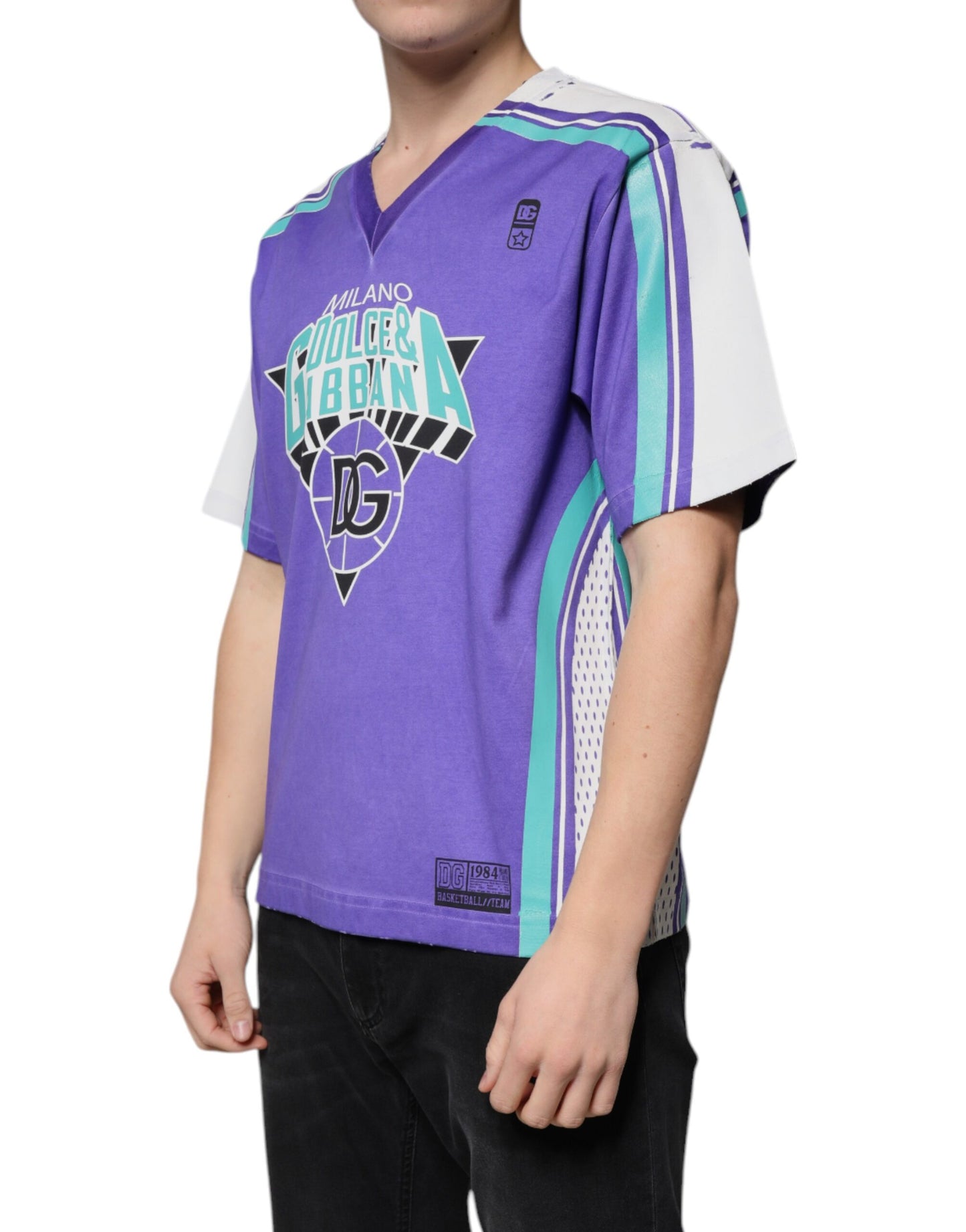 T-shirt col V en jersey de coton avec logo violet