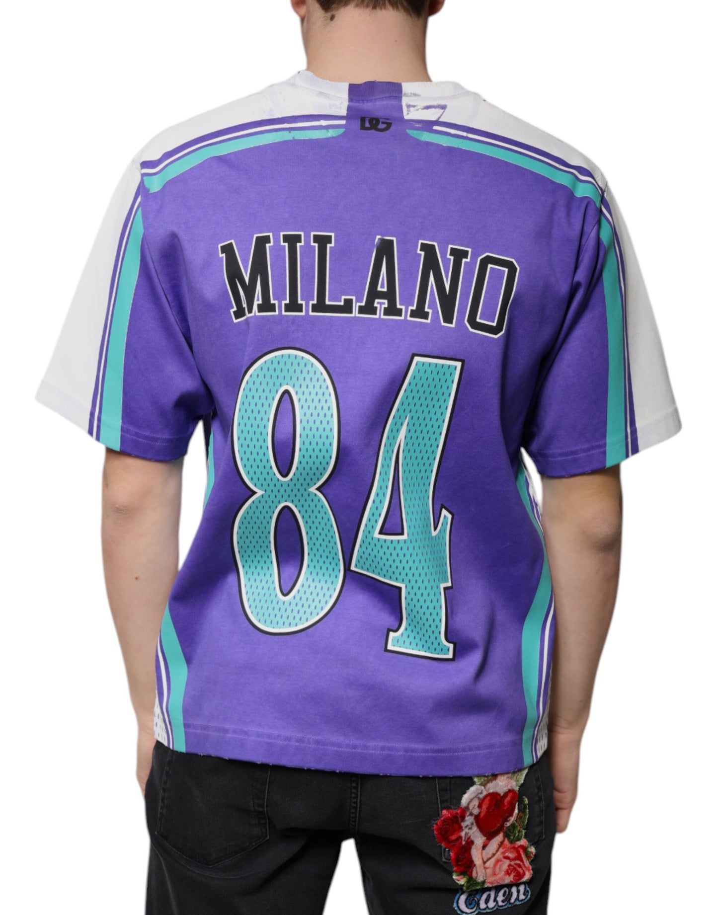 T-shirt col V en jersey de coton avec logo violet