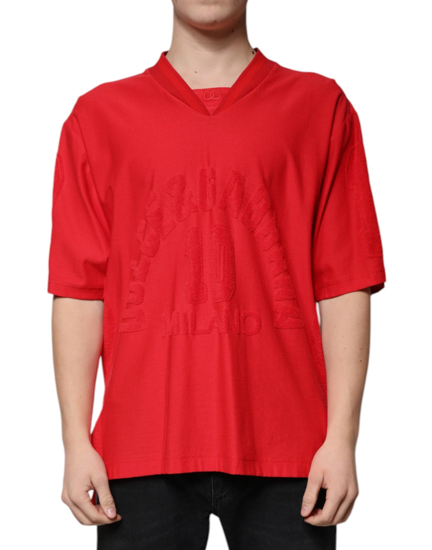 T-shirt rouge en coton à manches courtes et col en V