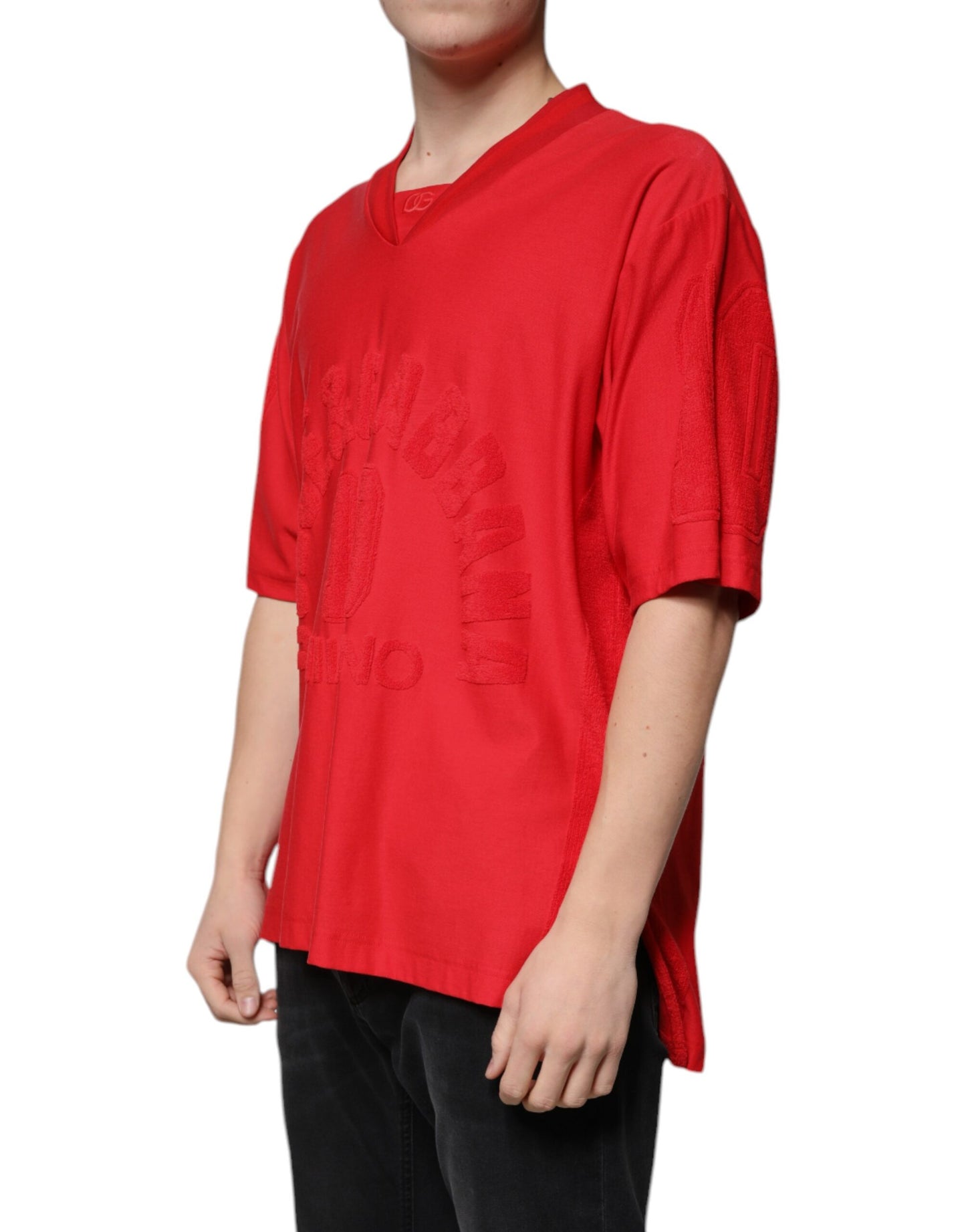T-shirt rouge en coton à manches courtes et col en V