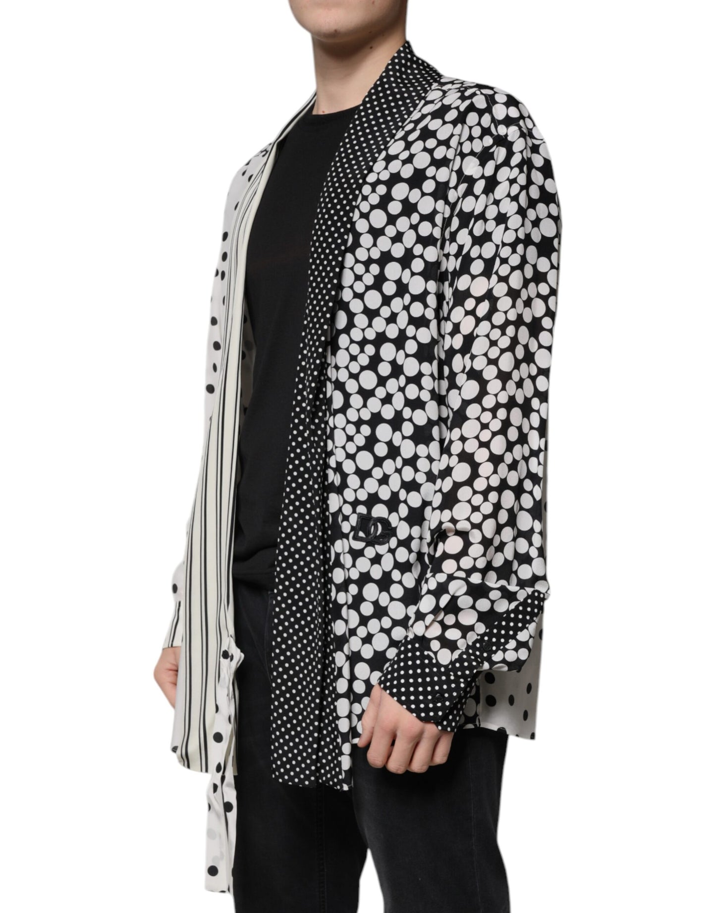 Chemise décontractée en soie à pois noirs et blancs pour homme