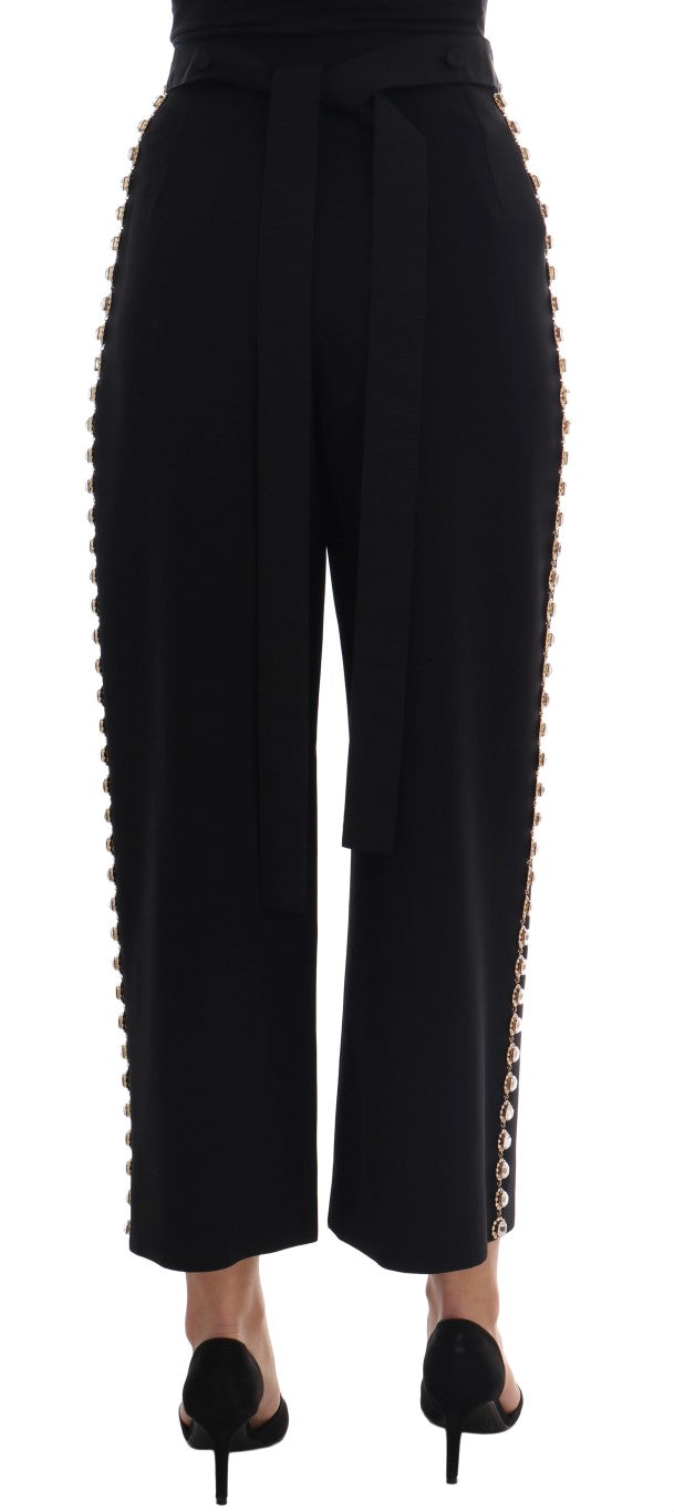 Pantalones de lana elástica negra con cristales