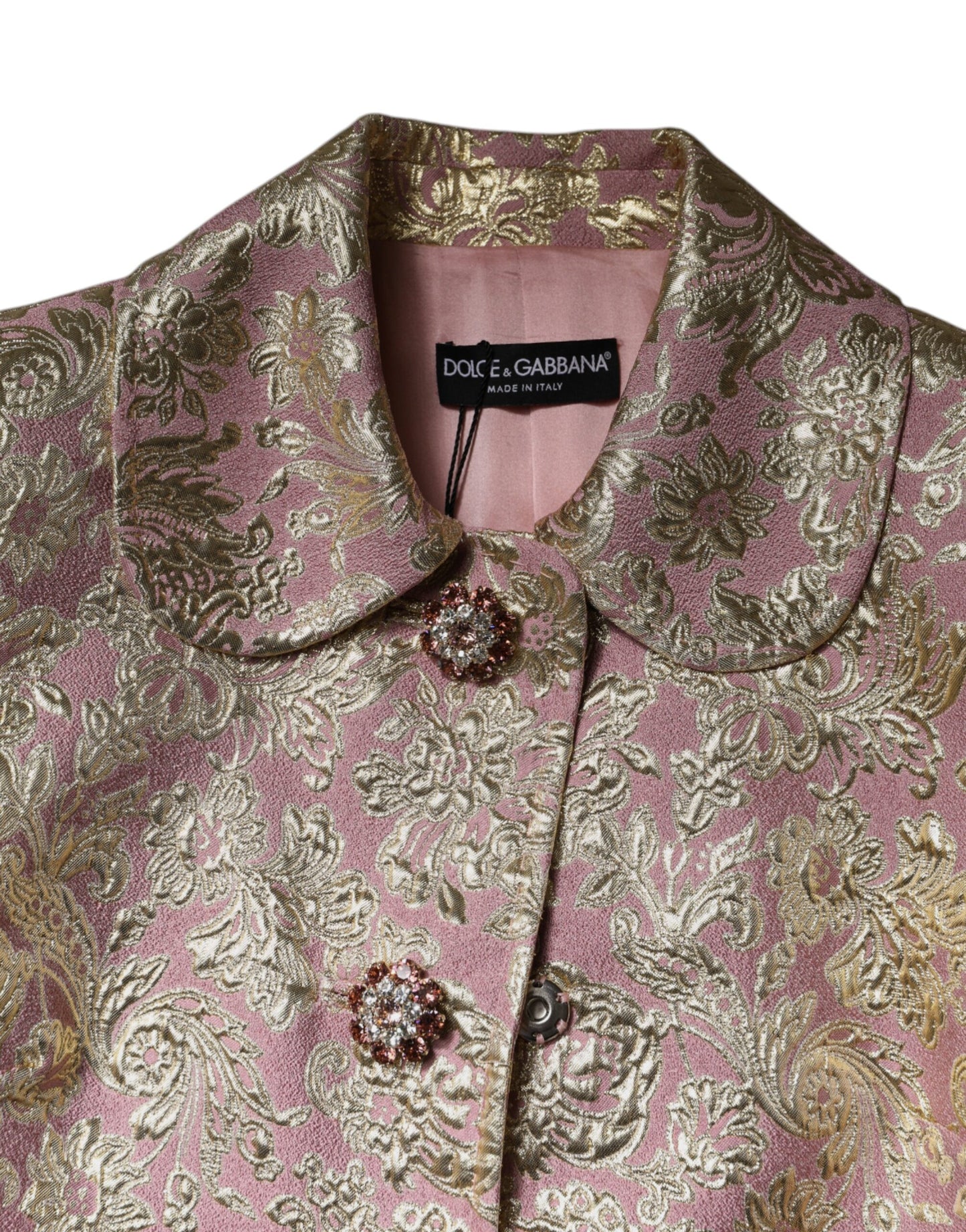 Veste manteau à boutons bijoux en jacquard rose métallisé doré