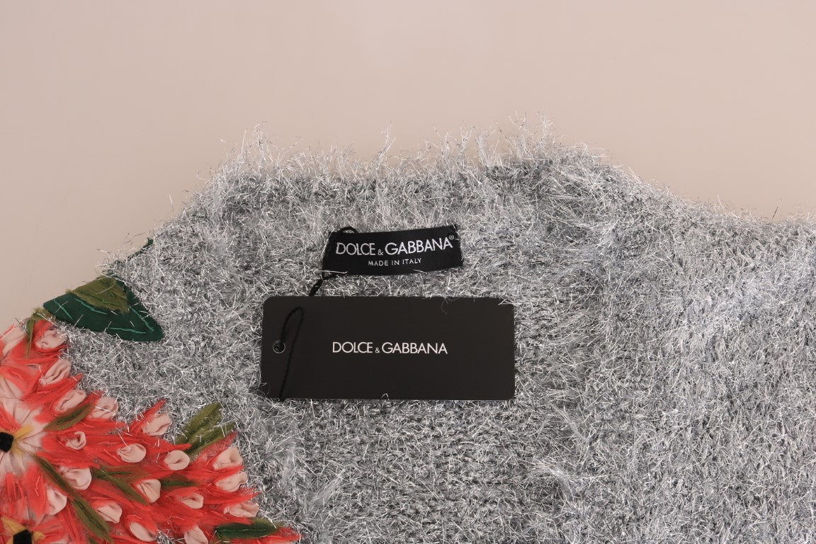 Suéter con apliques florales y cárdigan plateado