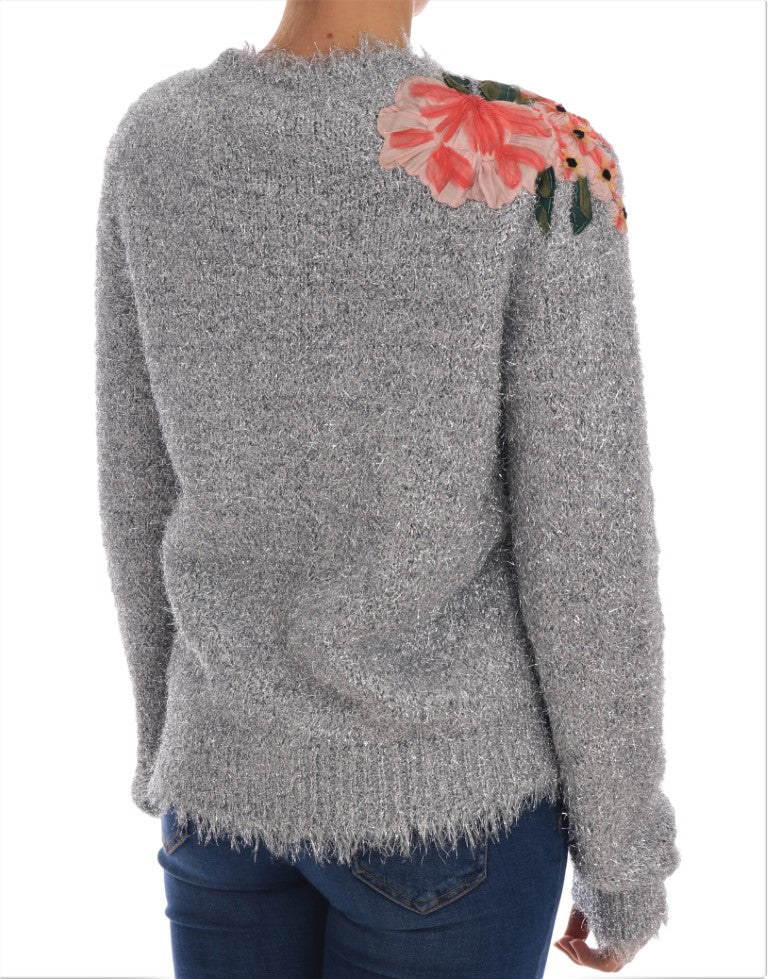 Suéter con apliques florales y cárdigan plateado