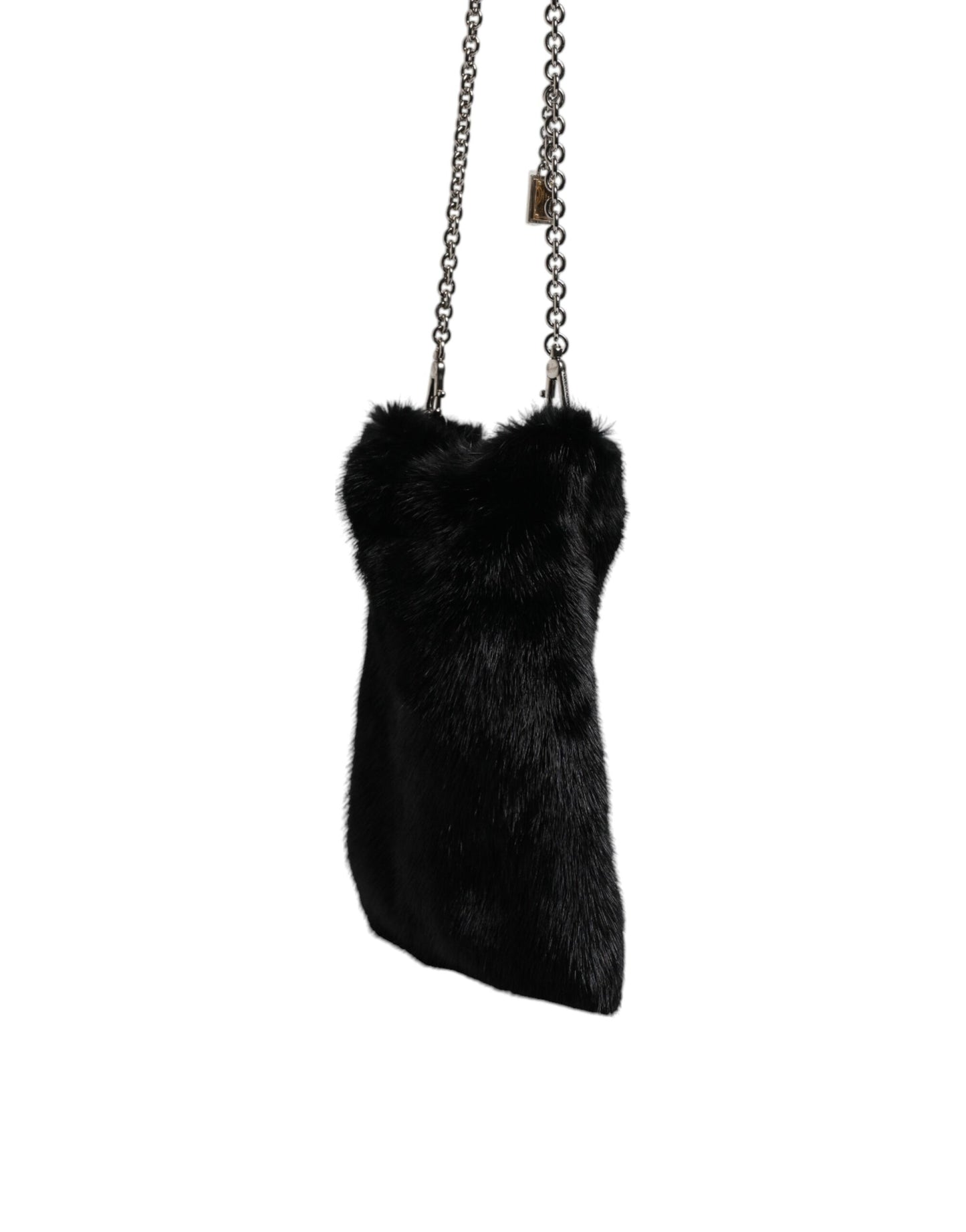Sac à bandoulière en fausse fourrure noire avec chaîne argentée