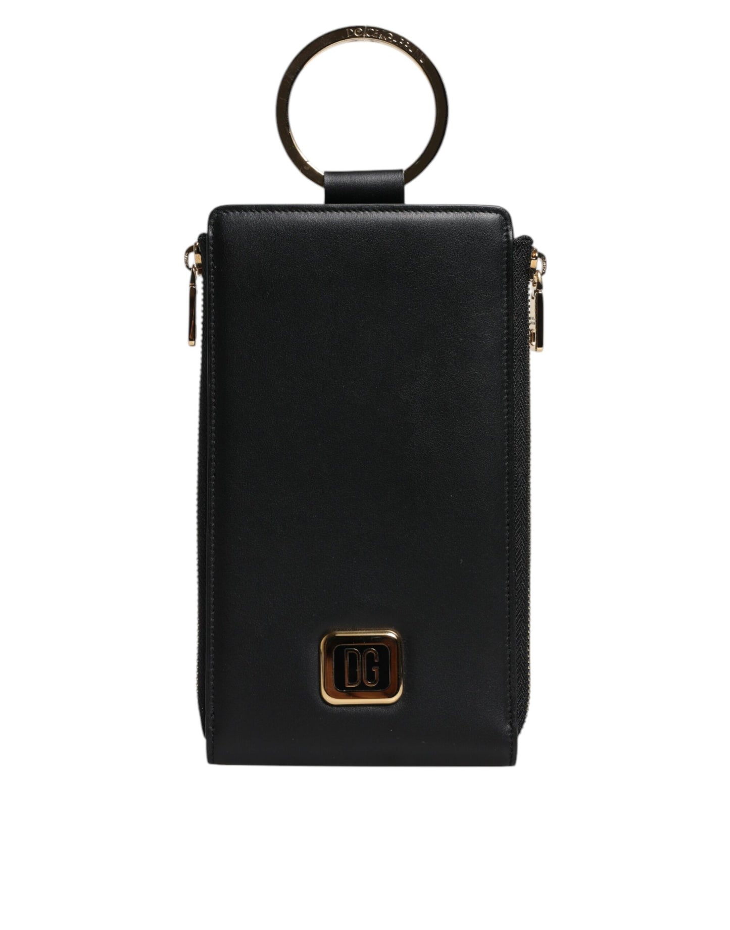 Cartera para tarjetas y monedas con correa para el cuello y placa con logotipo de cuero negro